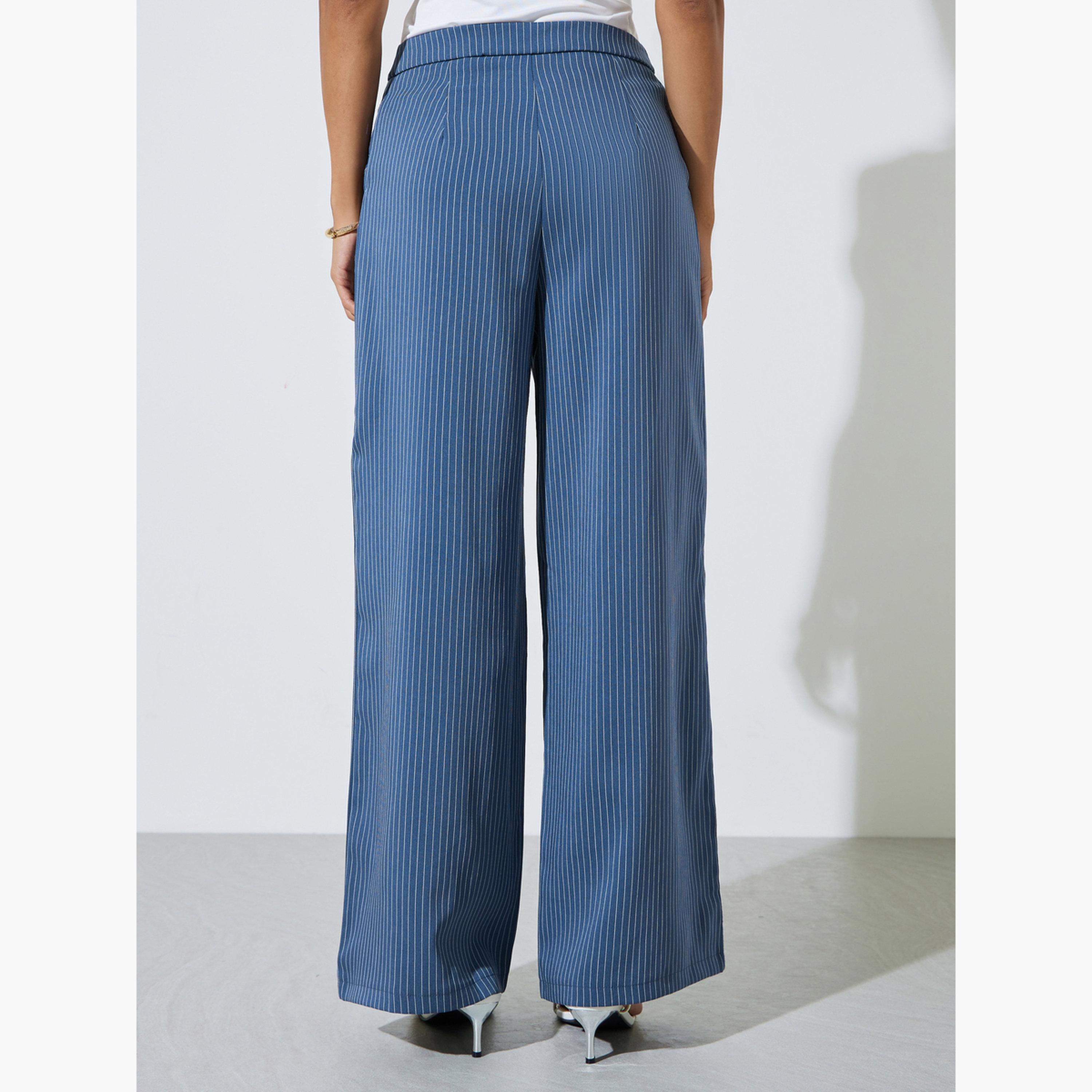 ستايلي - بنطال واسع الساقين مخطط باللون الأزرق-women-clothing-bottoms-trousers-image-4