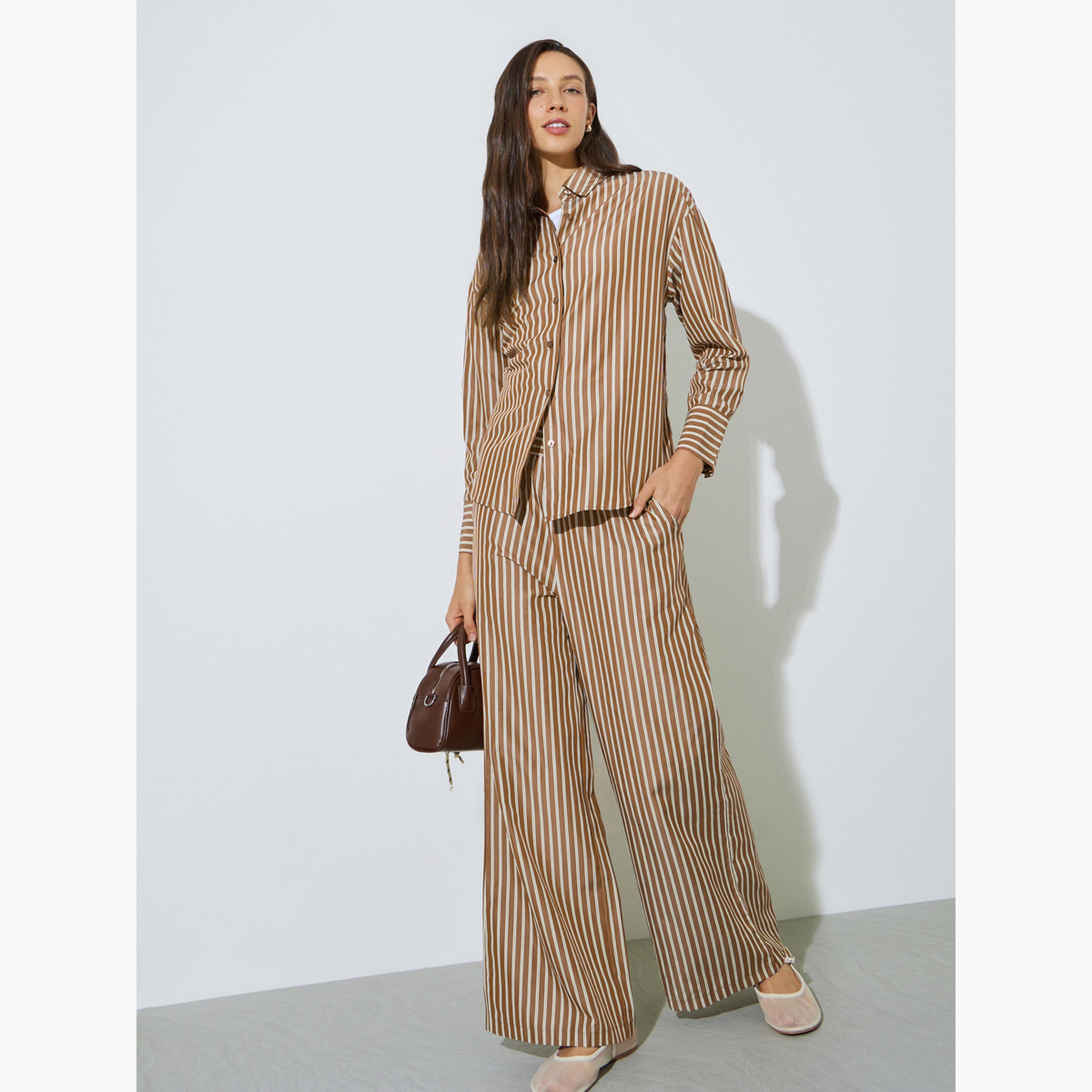 ستايلي - قميص بني مخطط بأكمام طويلة-women-clothing-shirtsandblouses-shirts-image-2
