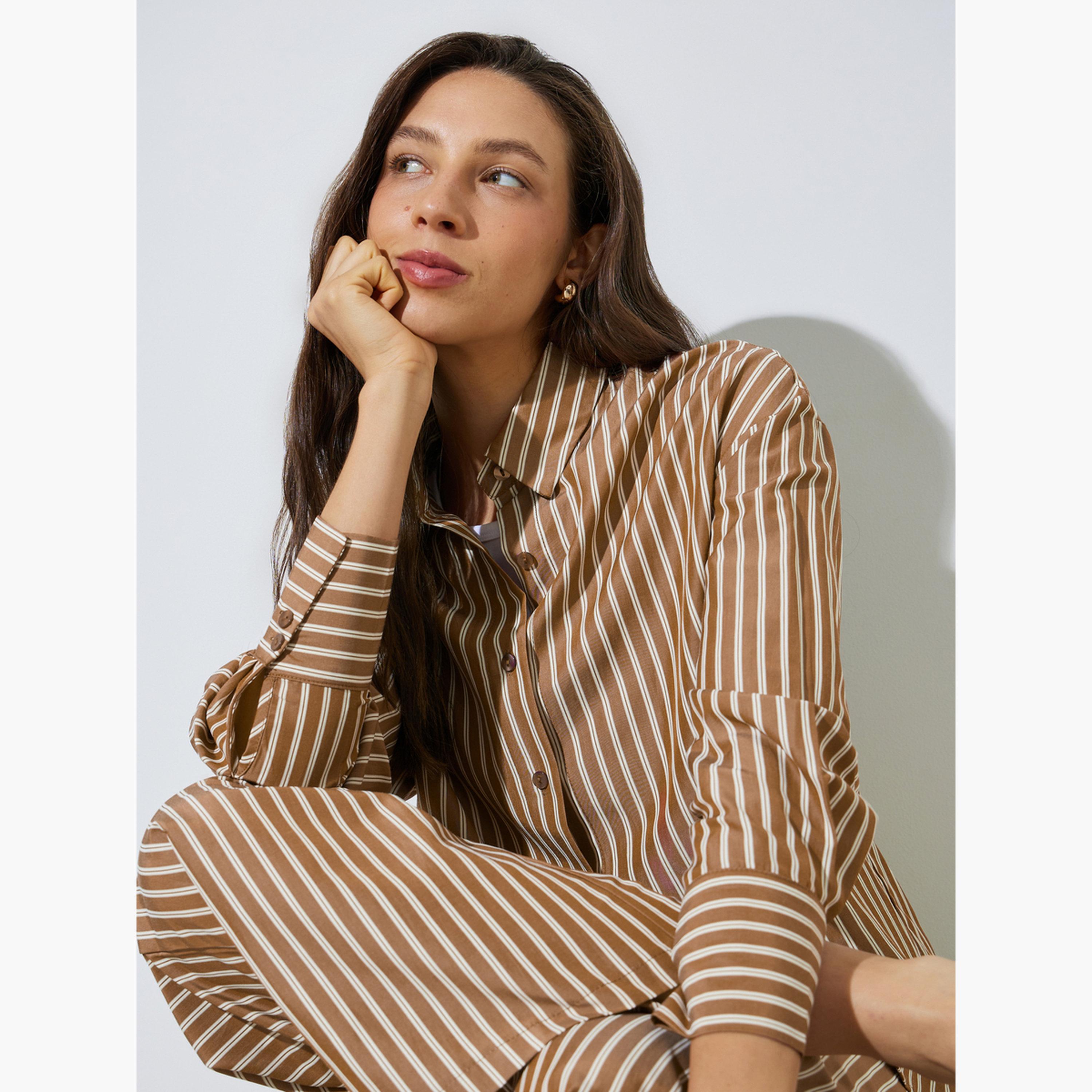 ستايلي - قميص بني مخطط بأكمام طويلة-women-clothing-shirtsandblouses-shirts-image-3