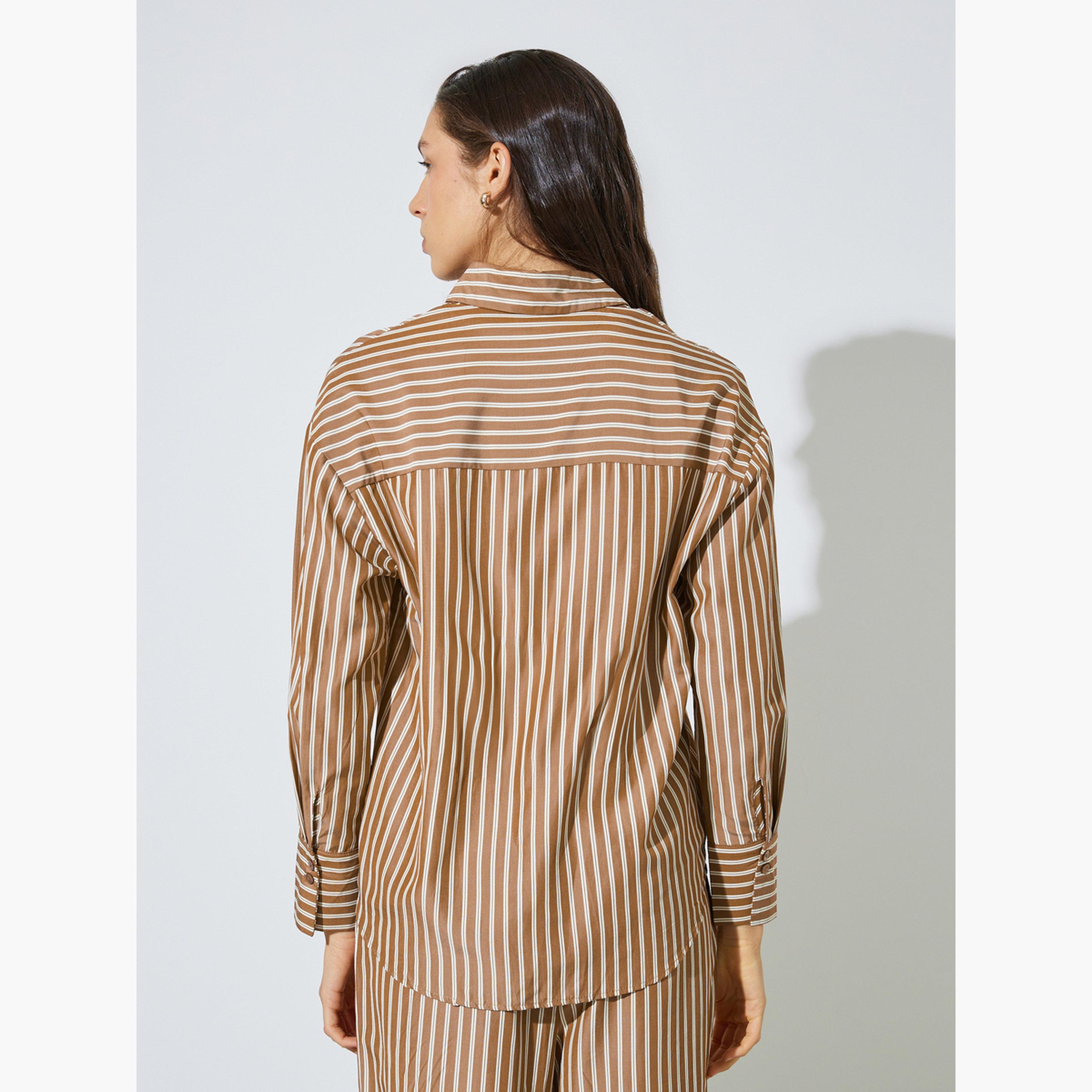 ستايلي - قميص بني مخطط بأكمام طويلة-women-clothing-shirtsandblouses-shirts-image-4