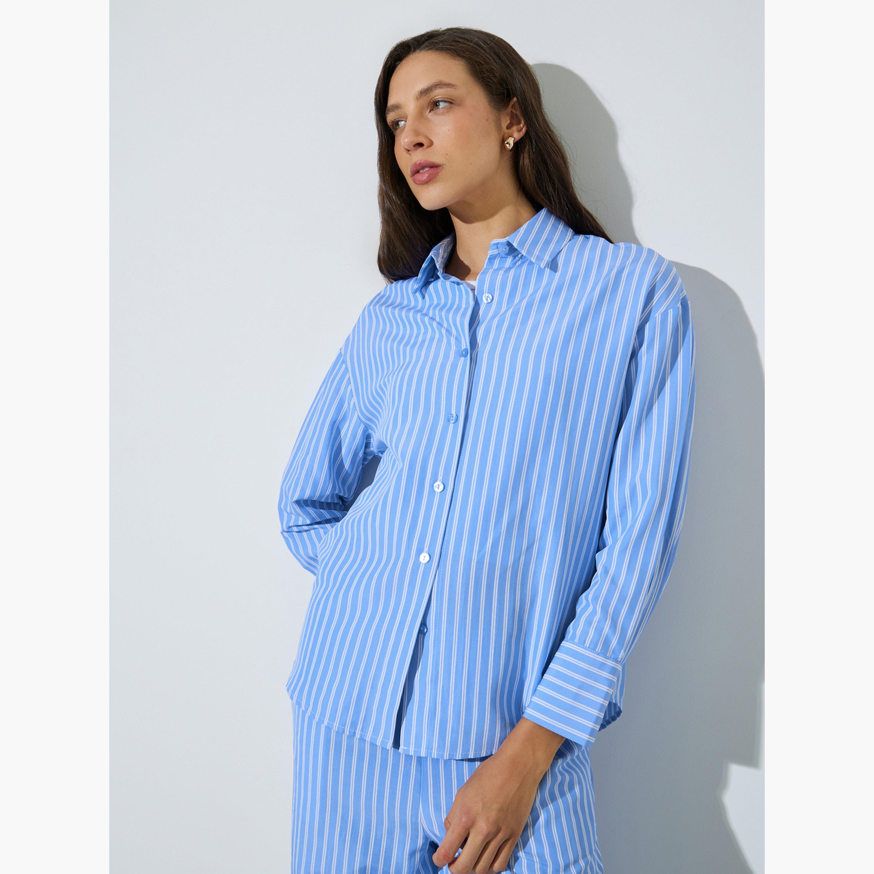 Styli Light Blue Striped Long Sleeve Shirt-women-clothing-shirtsandblouses-shirts-image-1