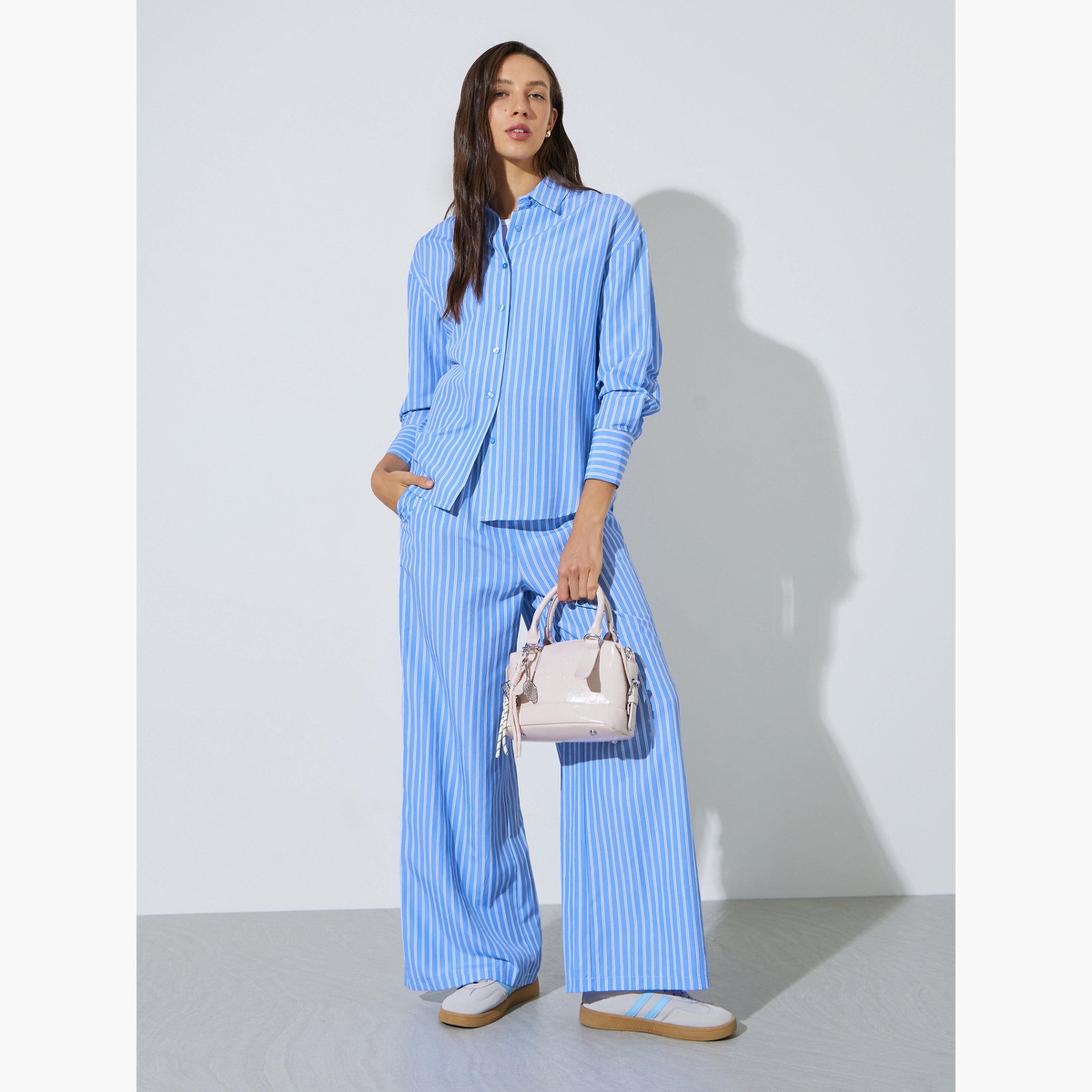 Styli Light Blue Striped Long Sleeve Shirt-women-clothing-shirtsandblouses-shirts-image-2