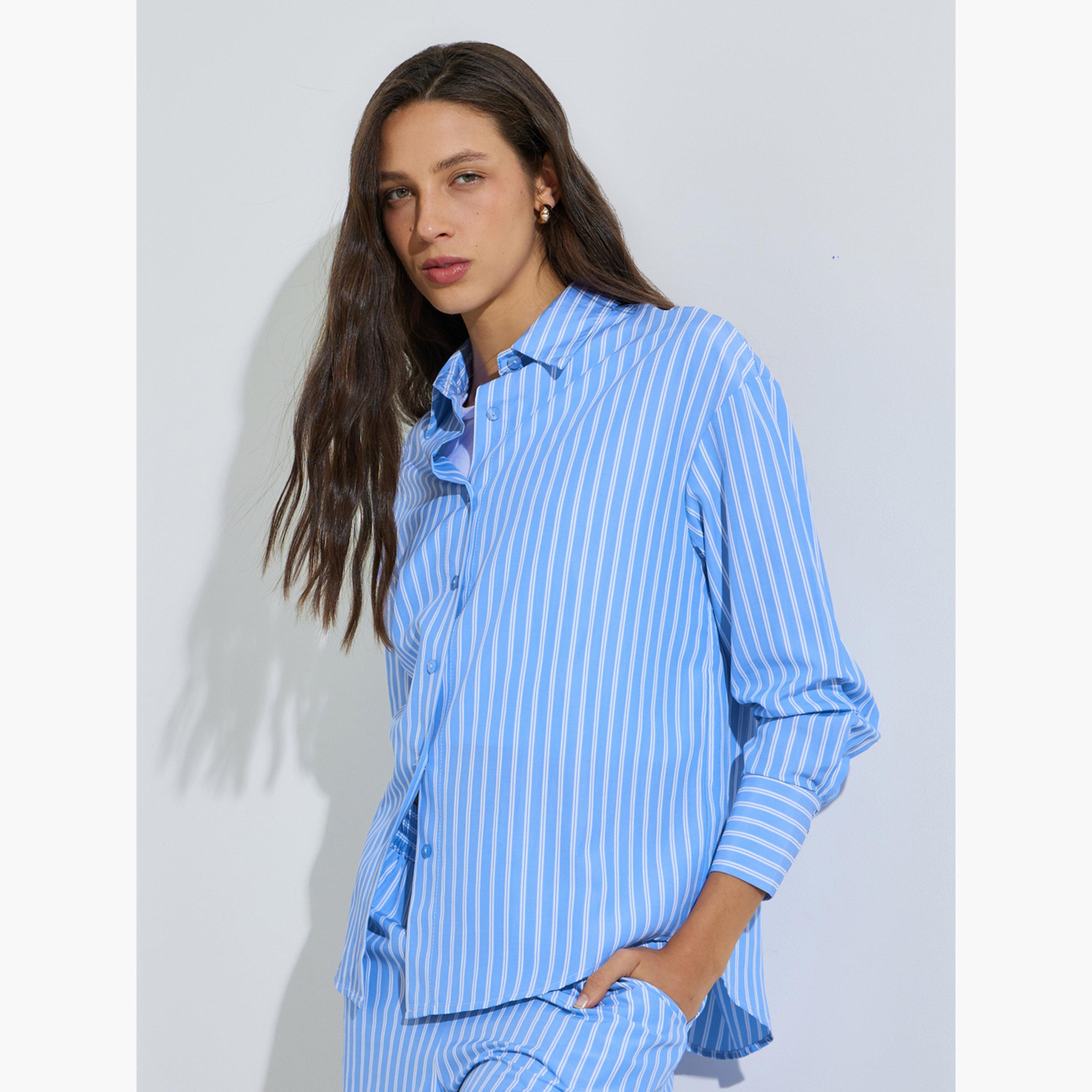 Styli Light Blue Striped Long Sleeve Shirt-women-clothing-shirtsandblouses-shirts-image-3