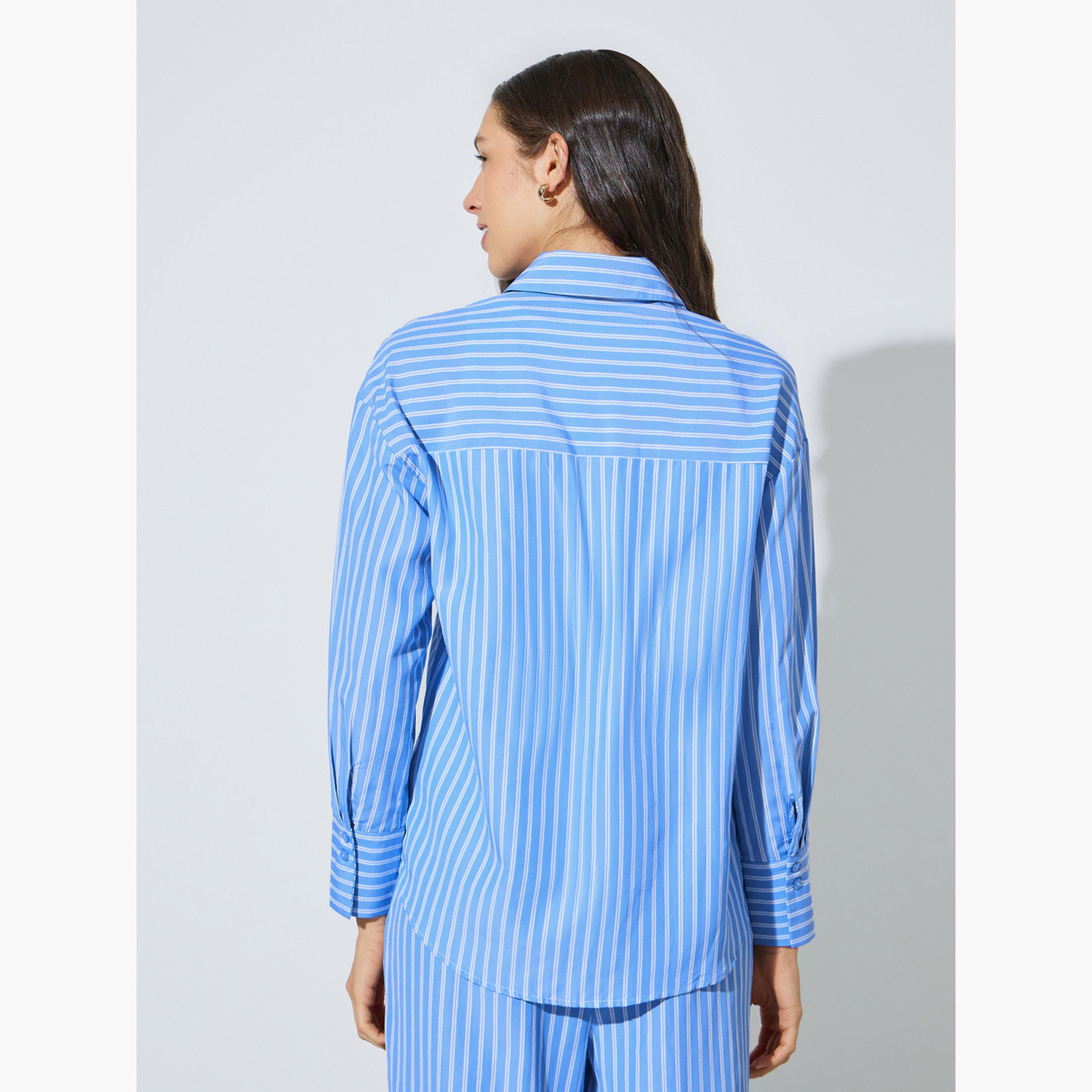 Styli Light Blue Striped Long Sleeve Shirt-women-clothing-shirtsandblouses-shirts-image-4