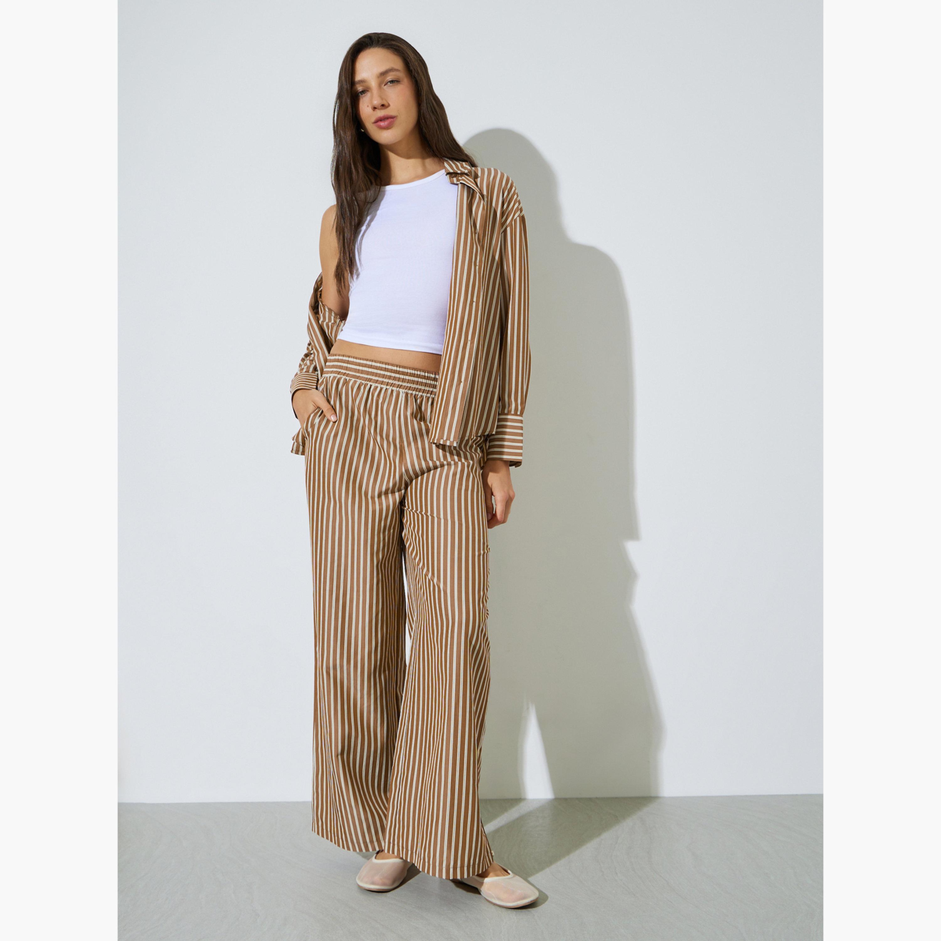 Styli Brown Striped Wide Leg Trousers-women-clothing-bottoms-joggers-image-2