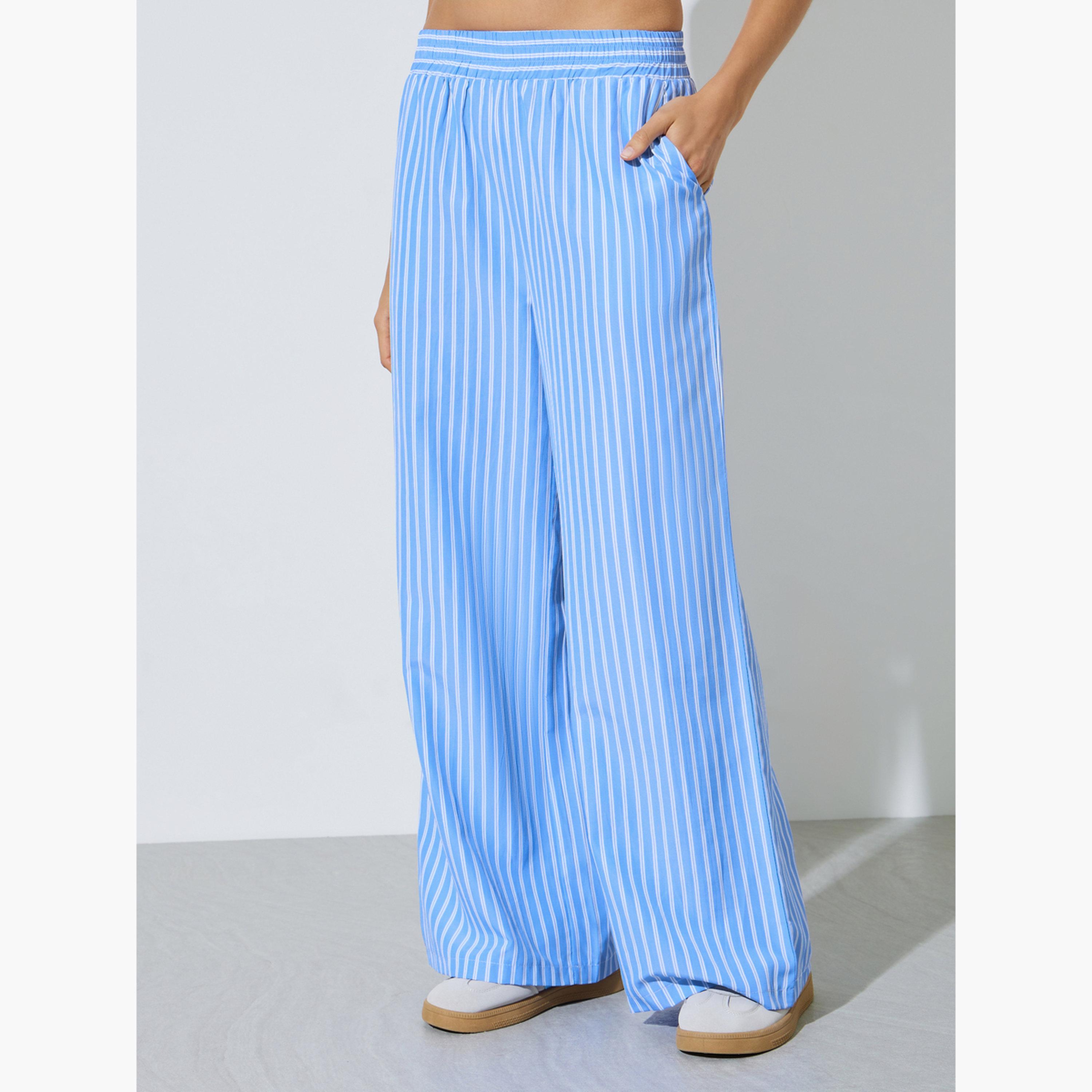 Styli Light Blue Striped Wide Leg Trousers-women-clothing-bottoms-joggers-image-1