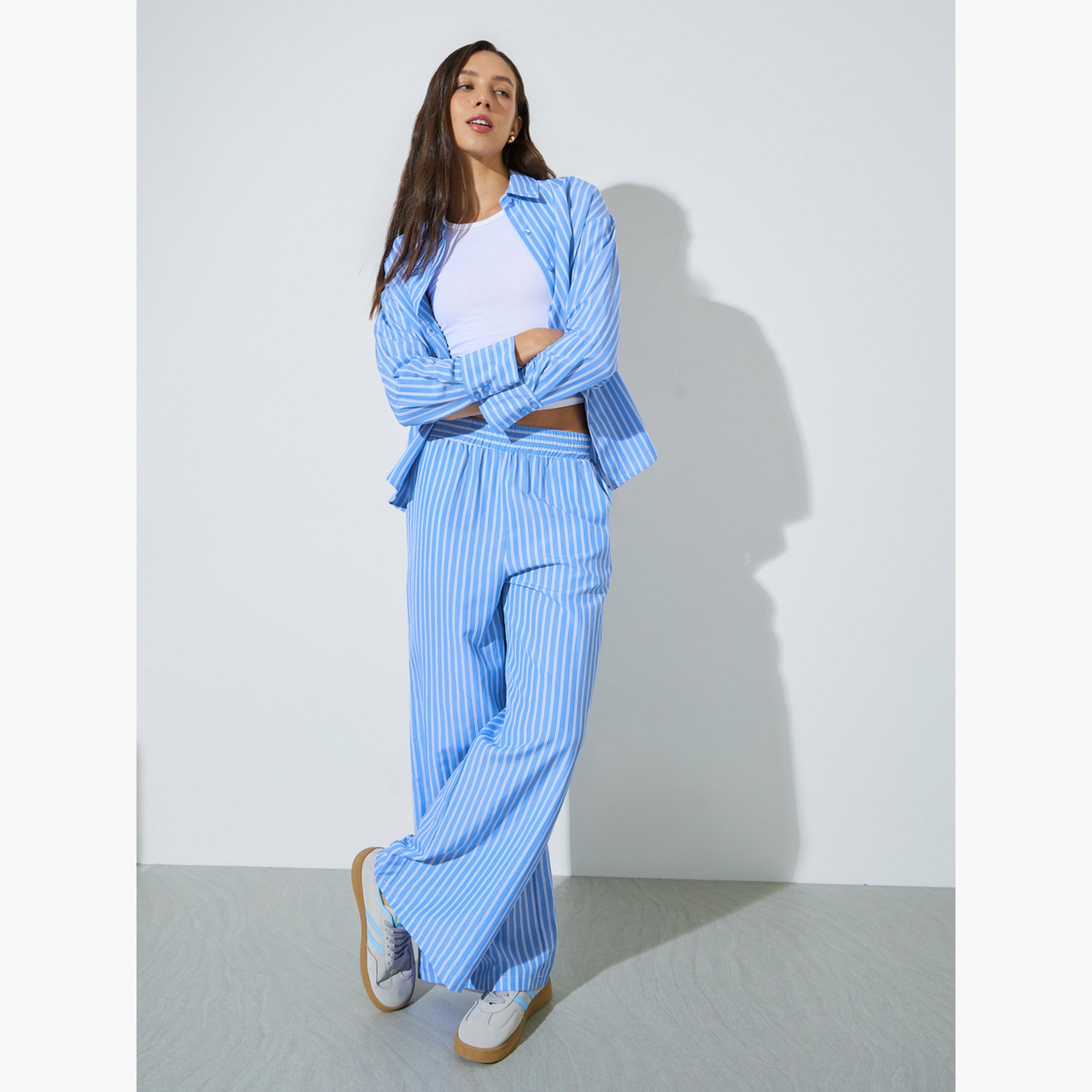 Styli Light Blue Striped Wide Leg Trousers-women-clothing-bottoms-joggers-image-2