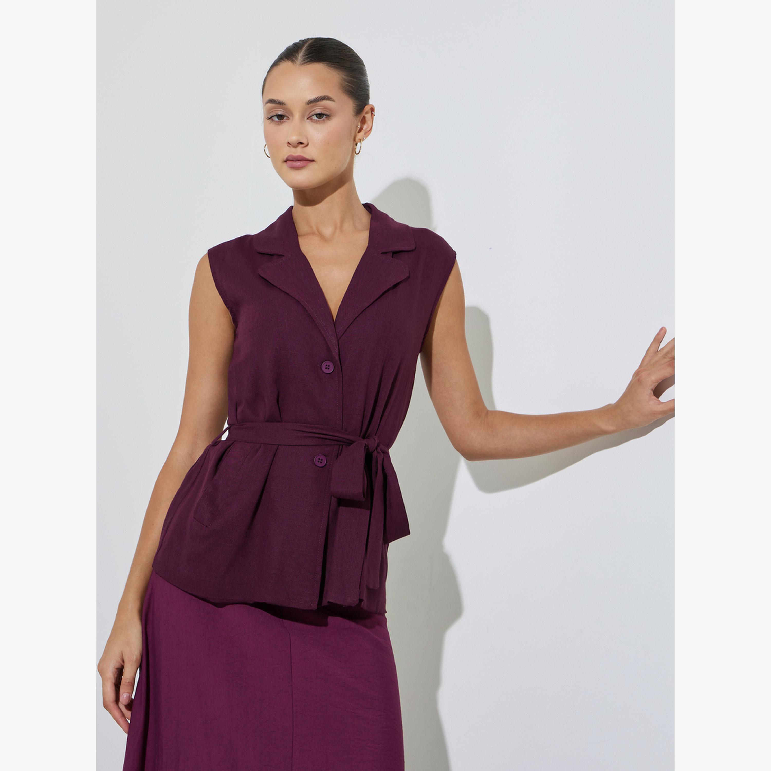 بلوزة عنابي بتصميم صدرية بلا أكمام مع حزام-women-clothing-shirtsandblouses-blouses-image-1