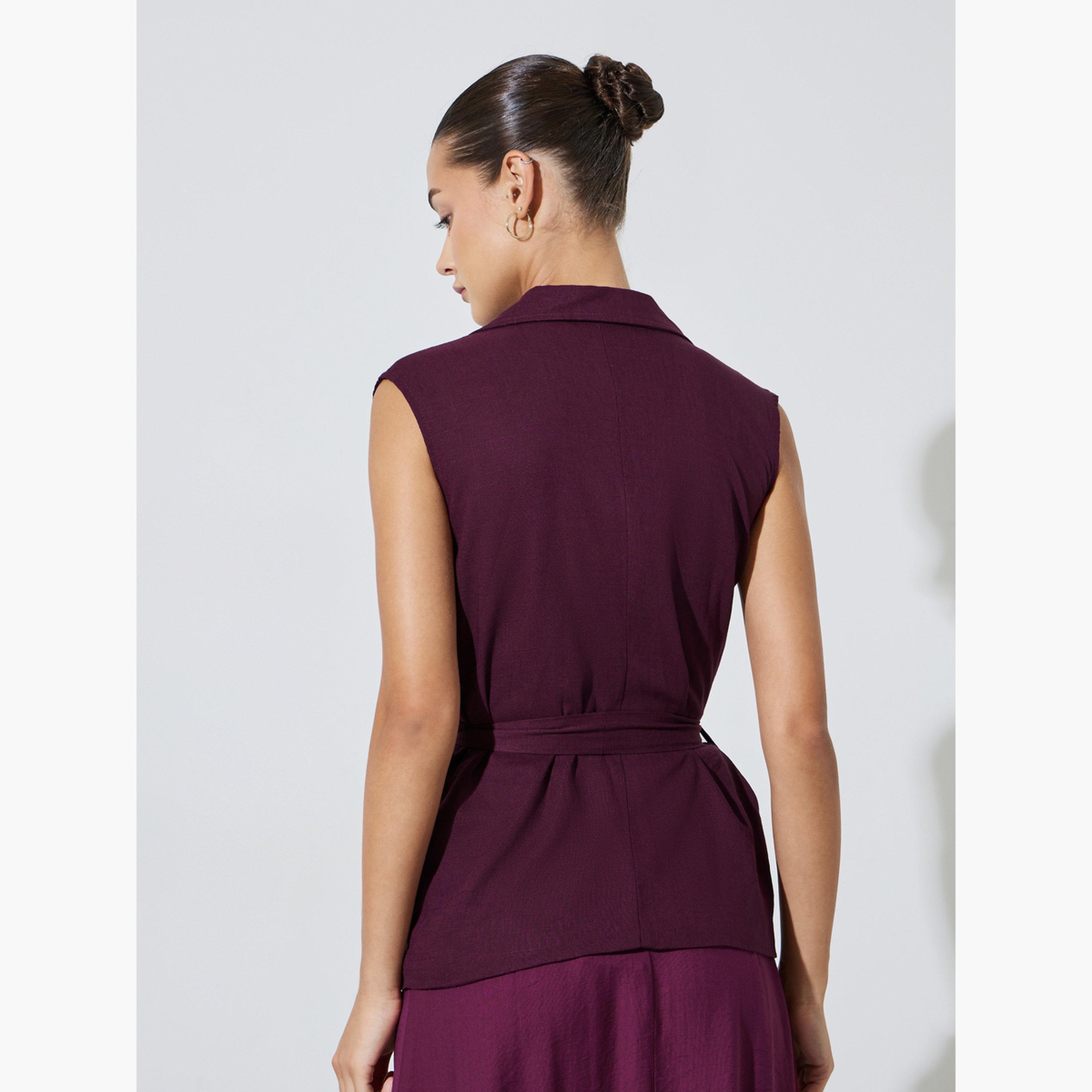 بلوزة عنابي بتصميم صدرية بلا أكمام مع حزام-women-clothing-shirtsandblouses-blouses-image-3