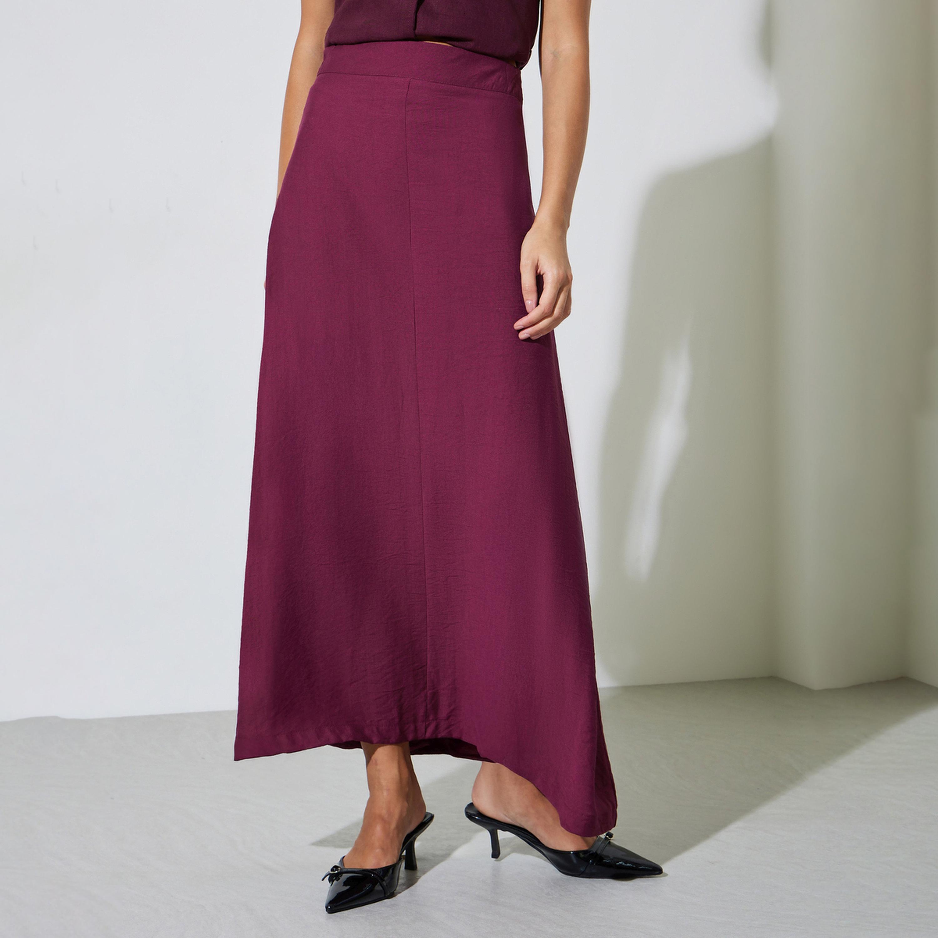 Styli Burgundy Solid Side Slit Fitted Maxi Skirt-women-clothing-bottoms-skirts-image-1