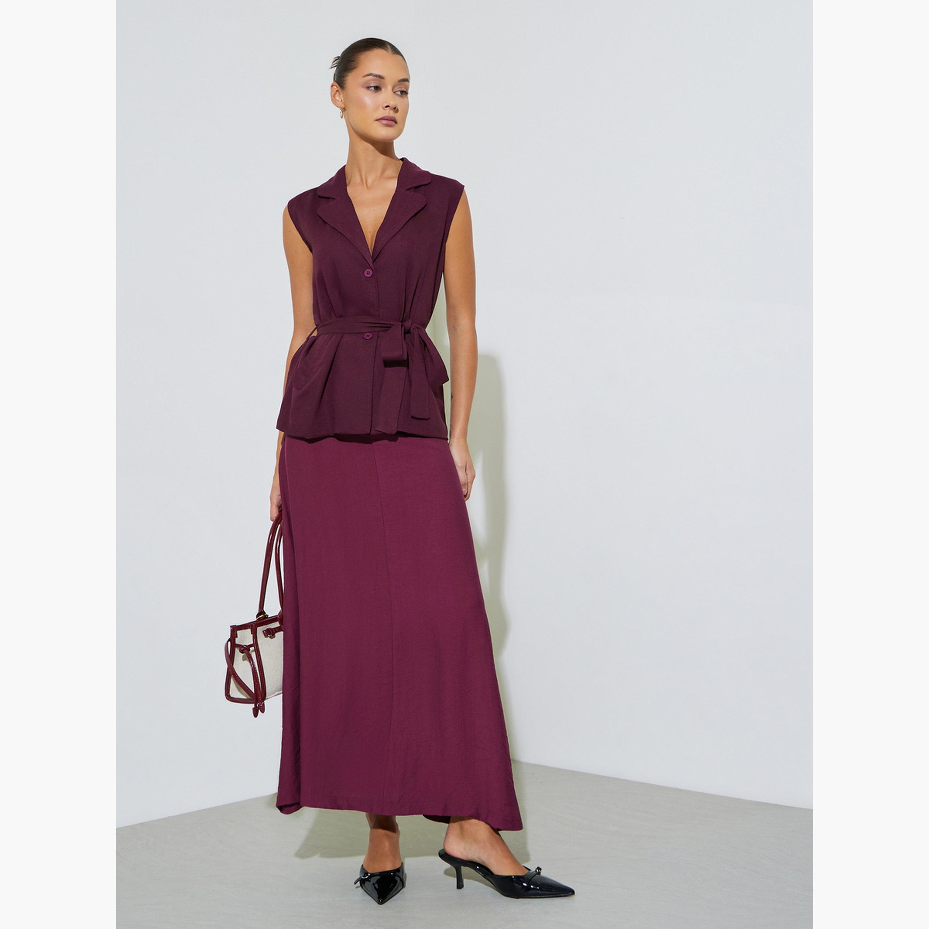 Styli Burgundy Solid Side Slit Fitted Maxi Skirt-women-clothing-bottoms-skirts-image-2