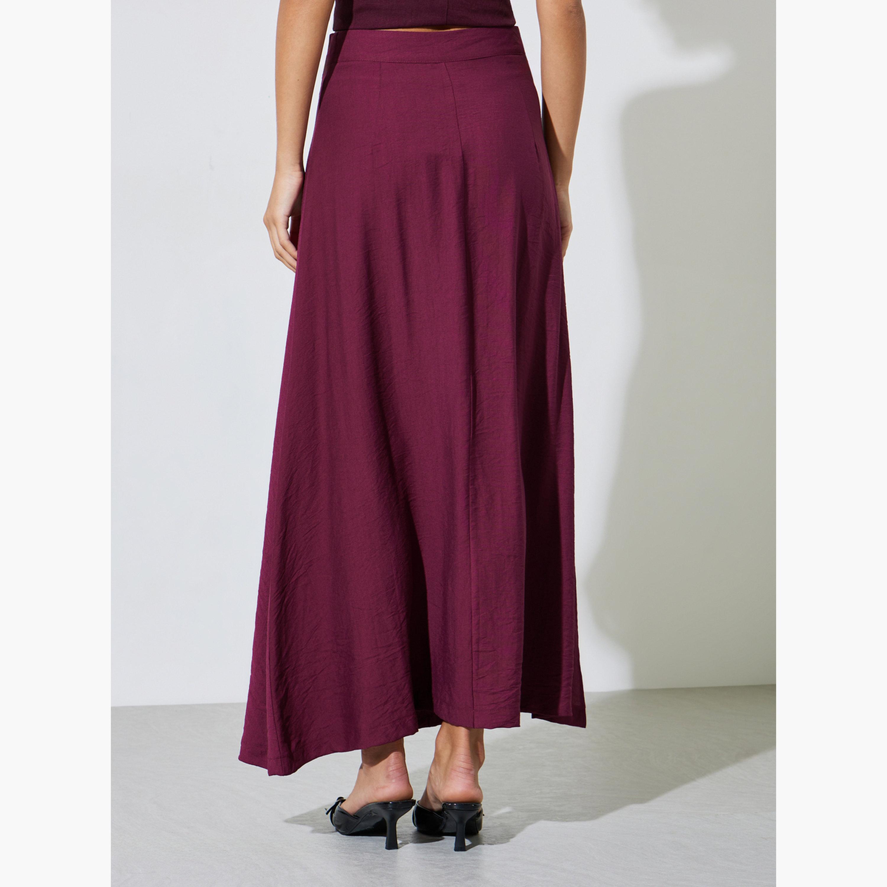 Styli Burgundy Solid Side Slit Fitted Maxi Skirt-women-clothing-bottoms-skirts-image-4