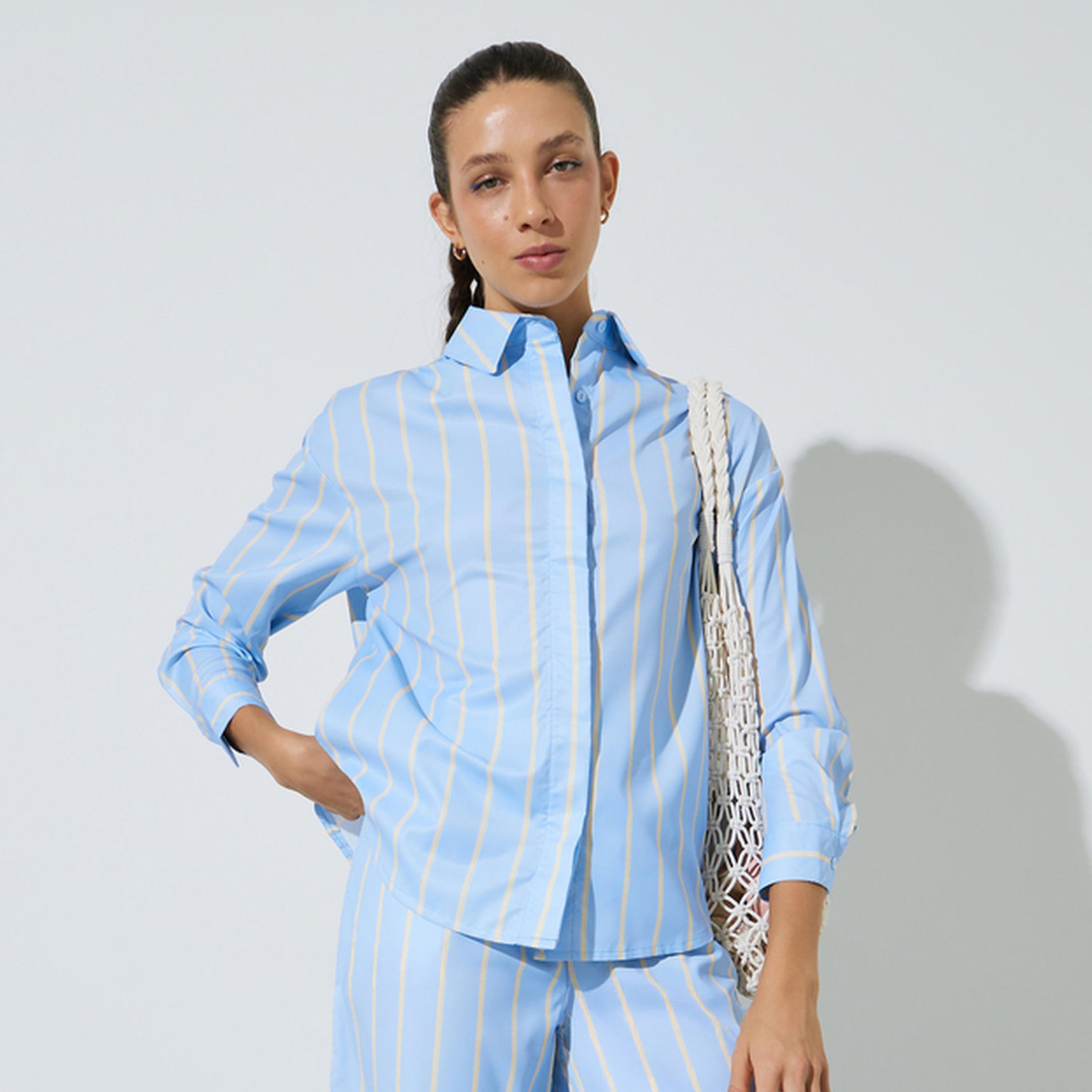 بلوزة واسعة أكمام طويلة بنمط مخطط-women-clothing-shirtsandblouses-shirts-image-1