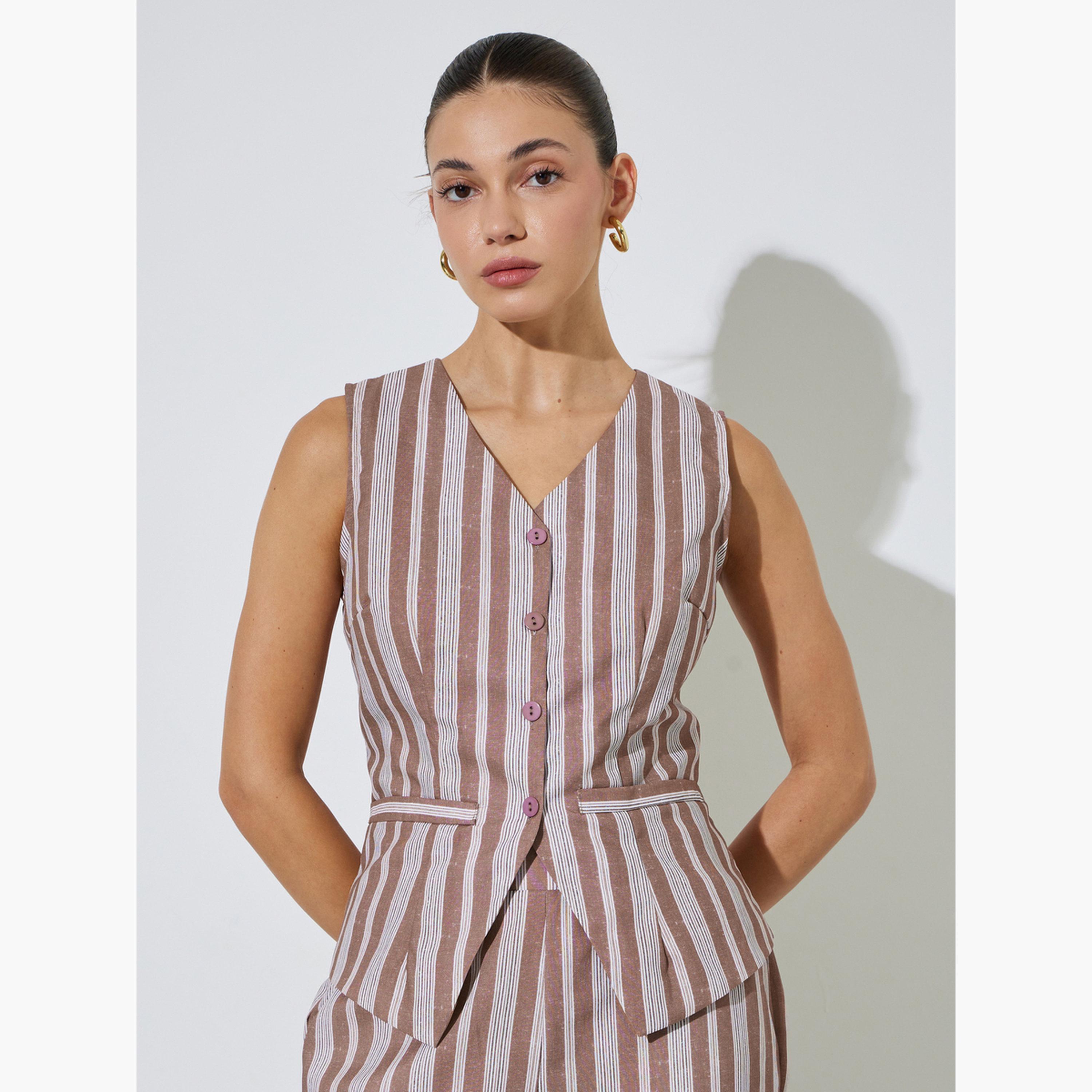 ستايلي - صدرية مخططة بنية اللون بدون أكمام-women-clothing-shirtsandblouses-blouses-image-1