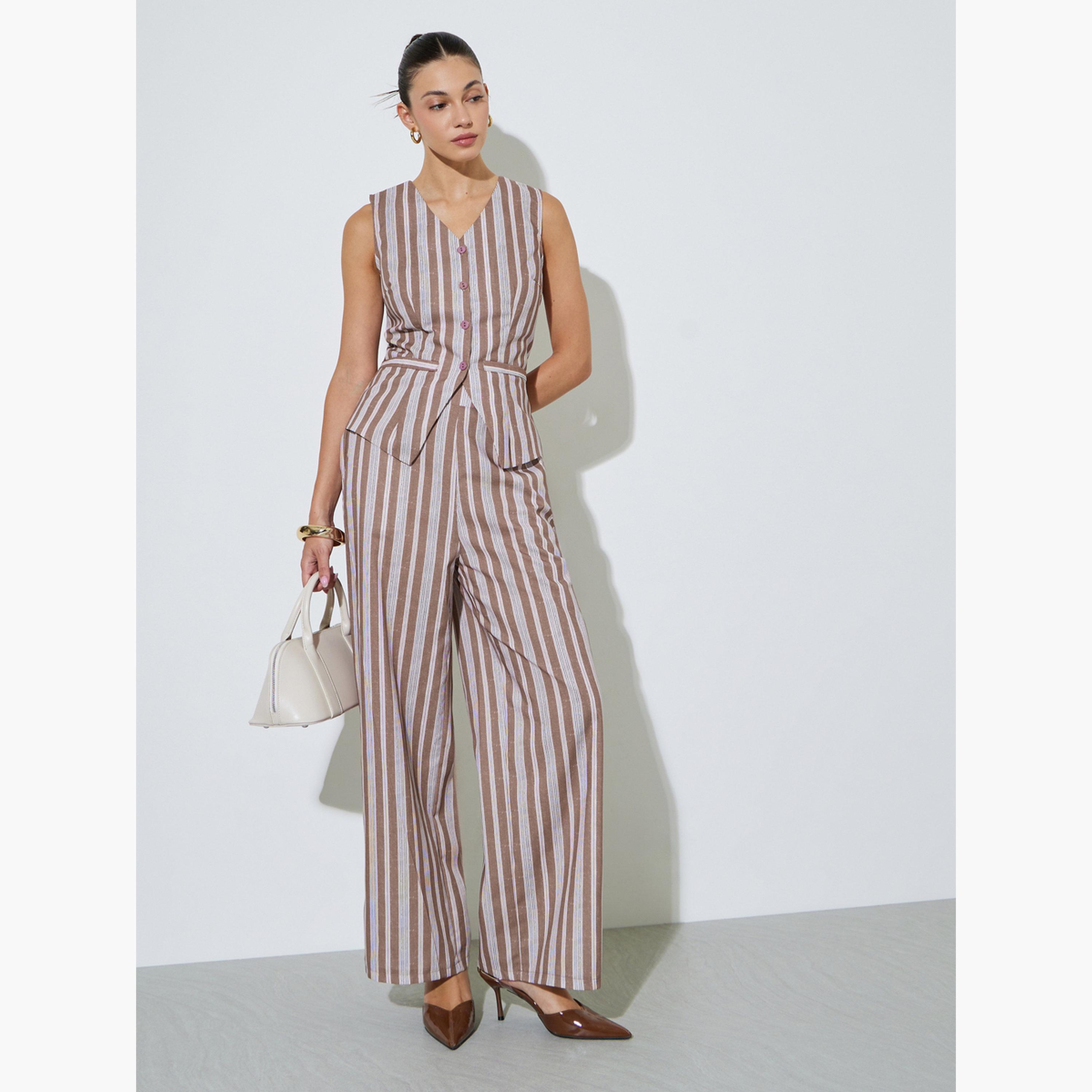 ستايلي - صدرية مخططة بنية اللون بدون أكمام-women-clothing-shirtsandblouses-blouses-image-2
