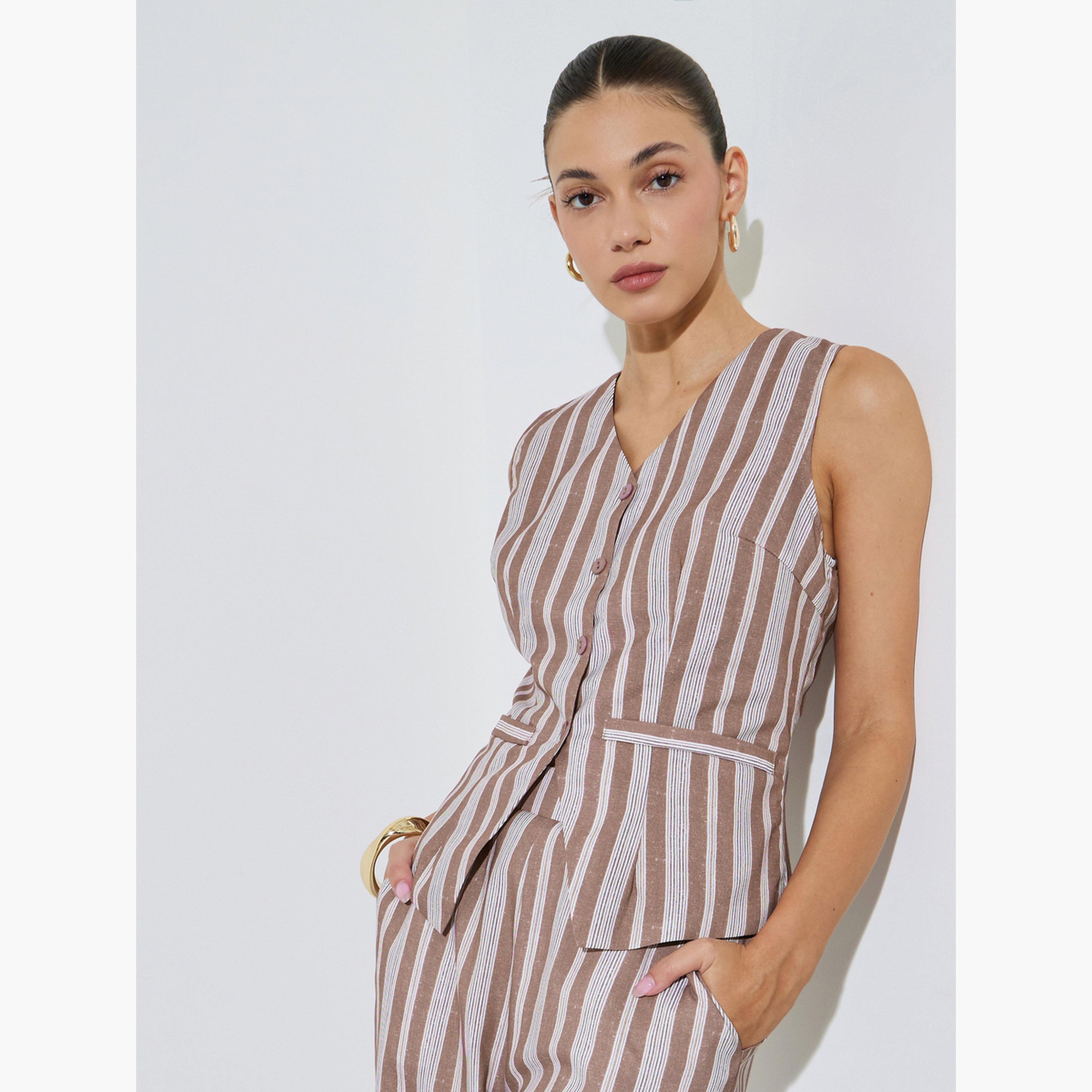 ستايلي - صدرية مخططة بنية اللون بدون أكمام-women-clothing-shirtsandblouses-blouses-image-3