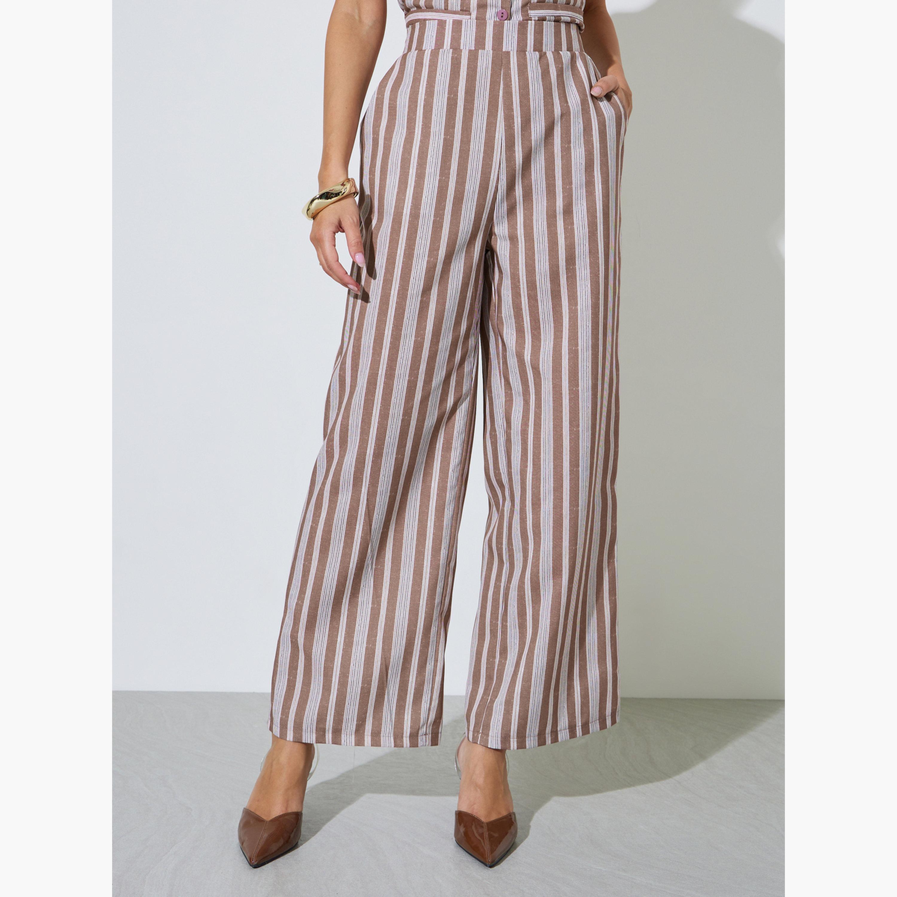 Styli Brown Striped Wide Leg Trousers-women-clothing-bottoms-joggers-image-1