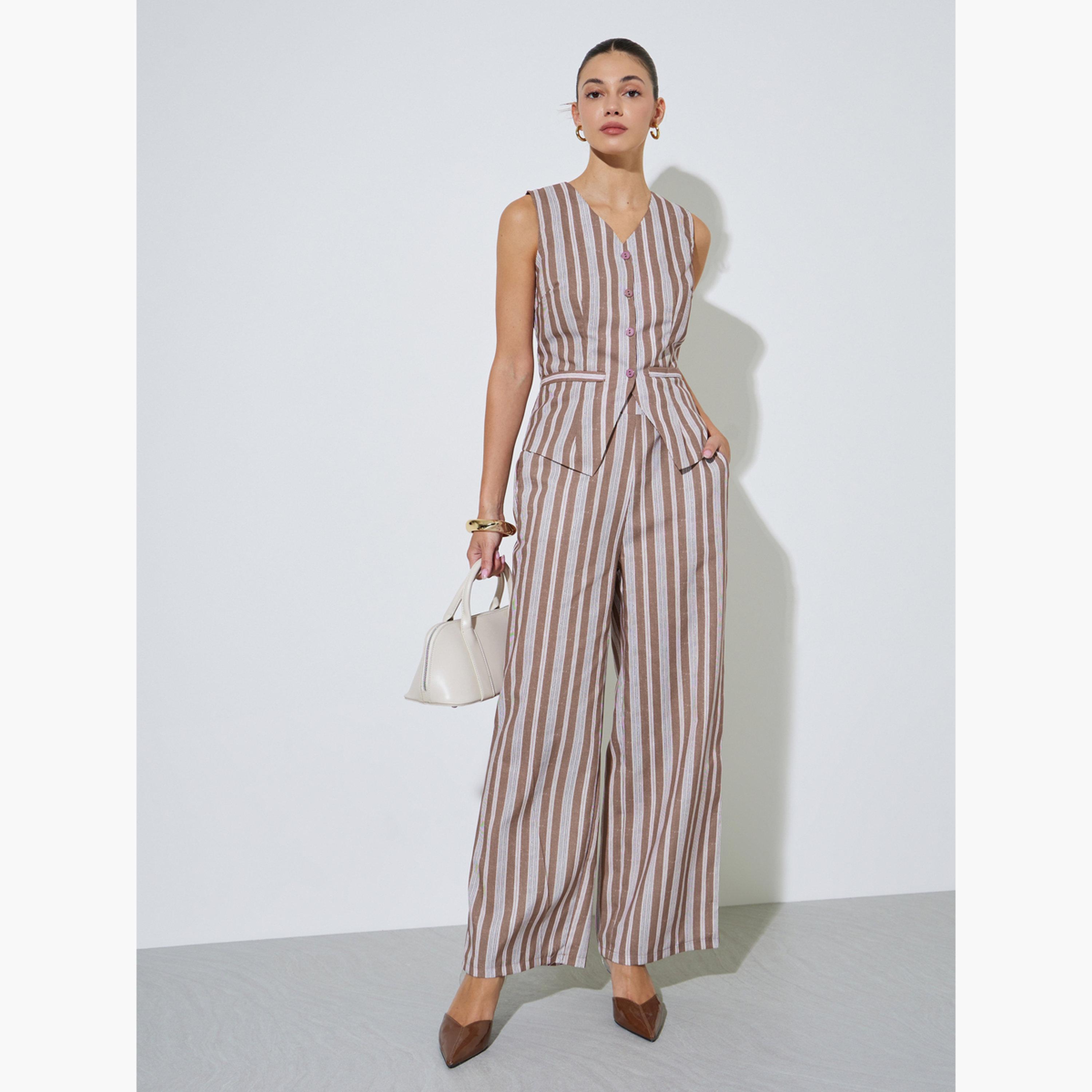 Styli Brown Striped Wide Leg Trousers-women-clothing-bottoms-joggers-image-2