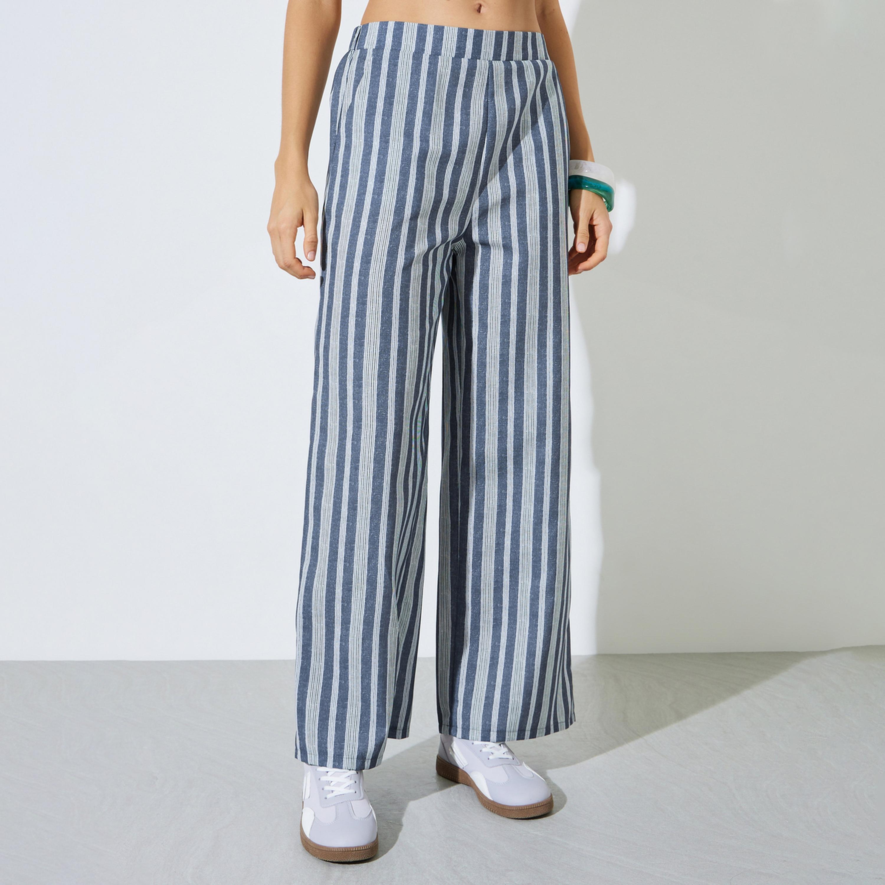 Styli Grey Striped Wide Leg Trousers-women-clothing-bottoms-joggers-image-1