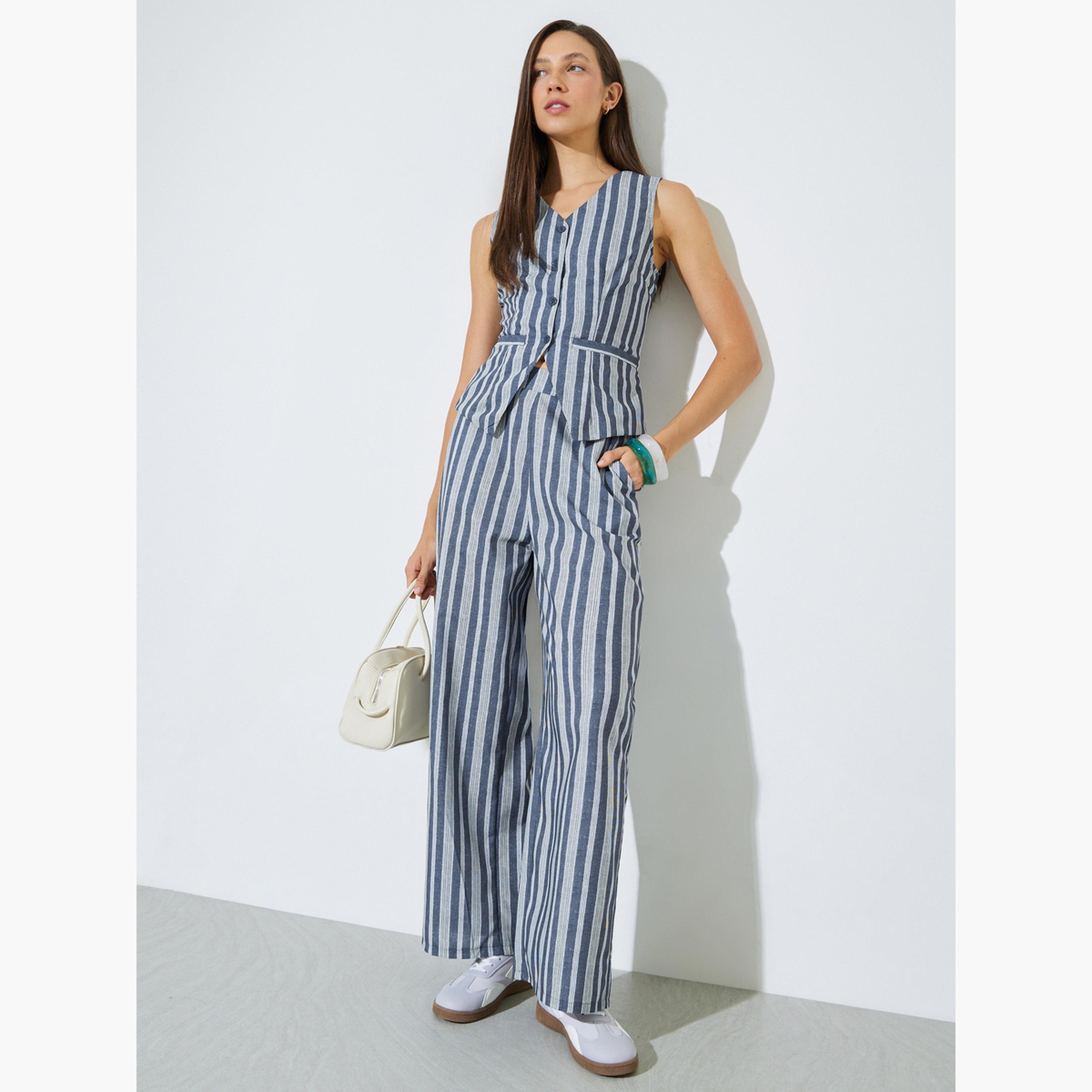 Styli Grey Striped Wide Leg Trousers-women-clothing-bottoms-joggers-image-2