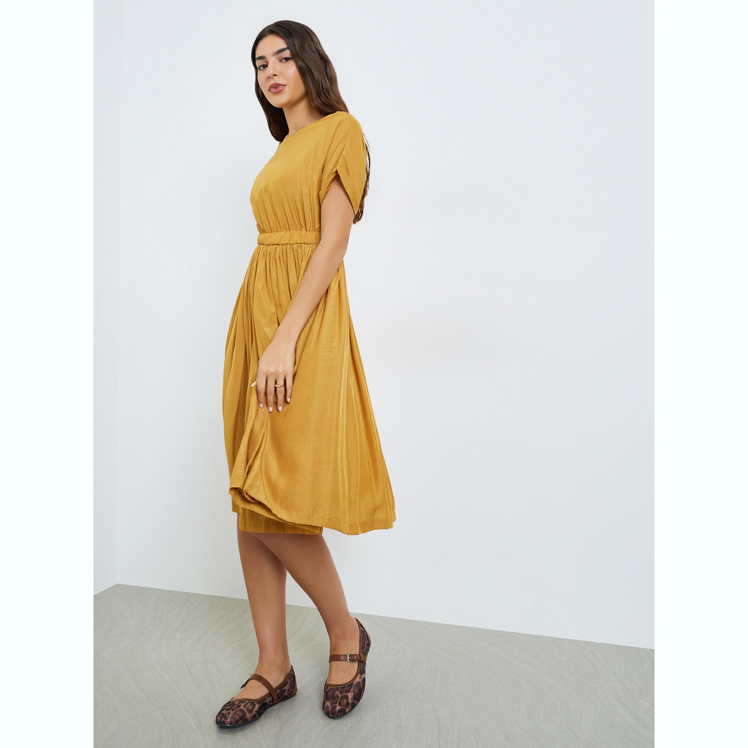 فستان ميدي بحافة واسعة سادة خردلي-women-clothing-dresses-image-3
