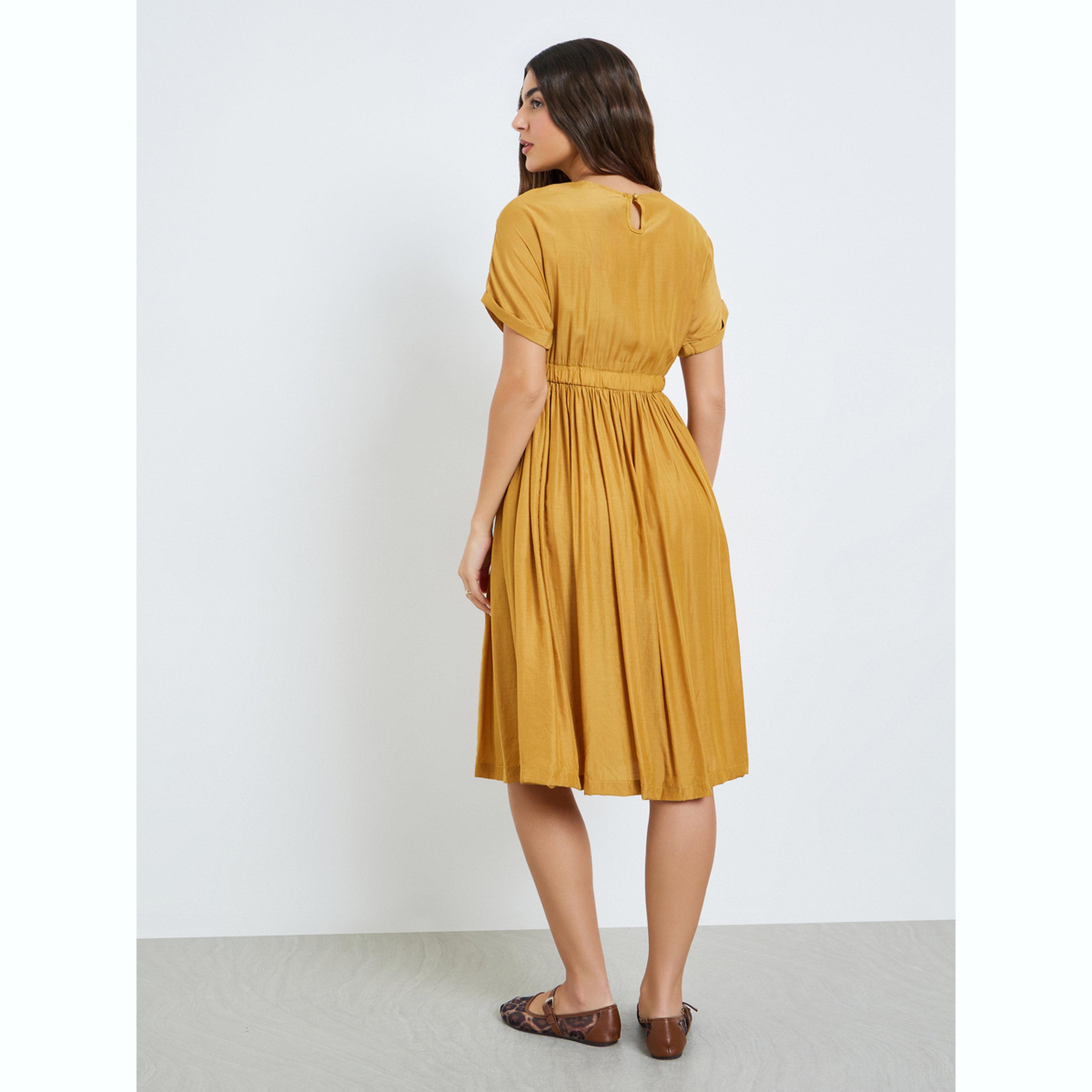 فستان ميدي بحافة واسعة سادة خردلي-women-clothing-dresses-image-4