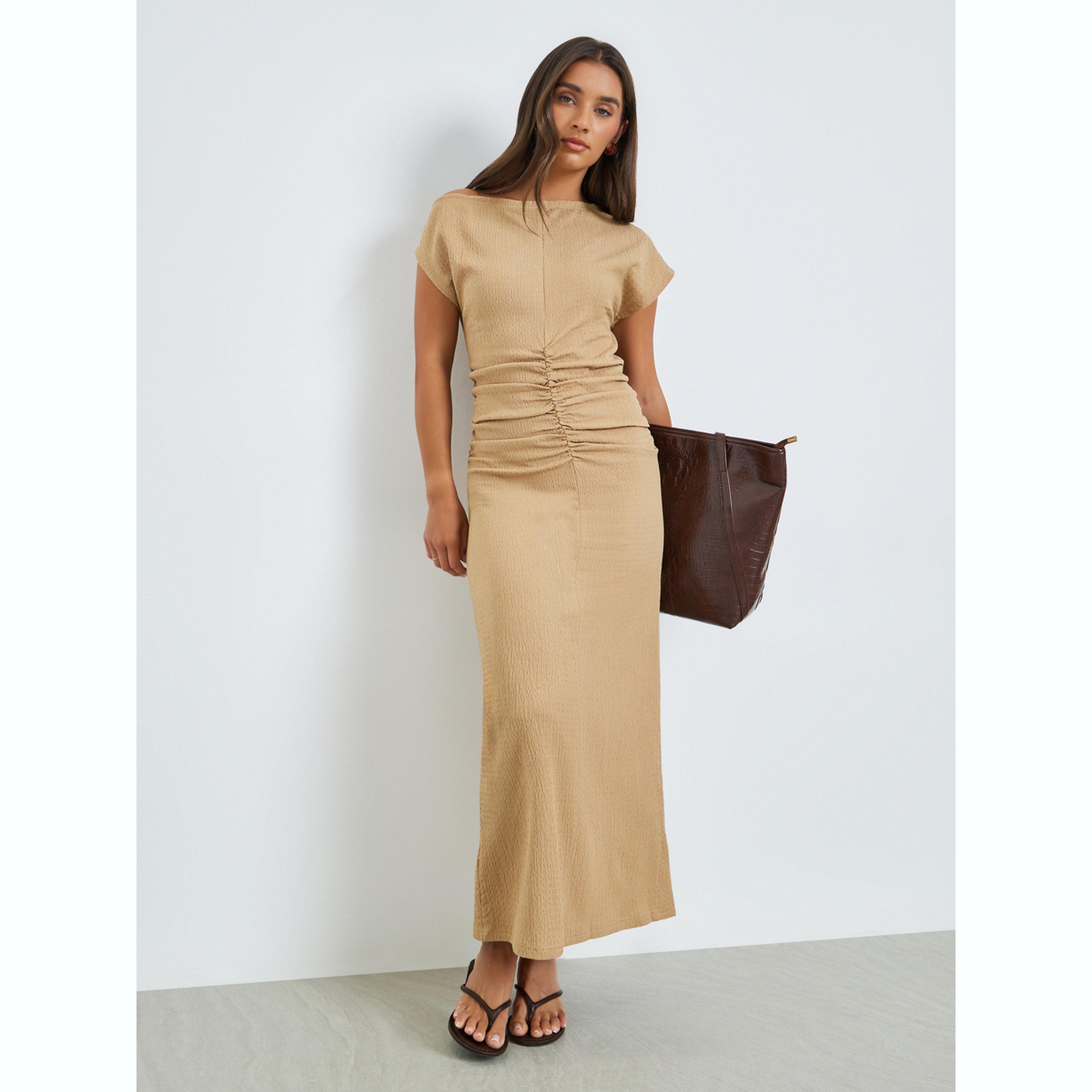 فستان طويل بيج بخصر مزموم-women-clothing-dresses-image-1