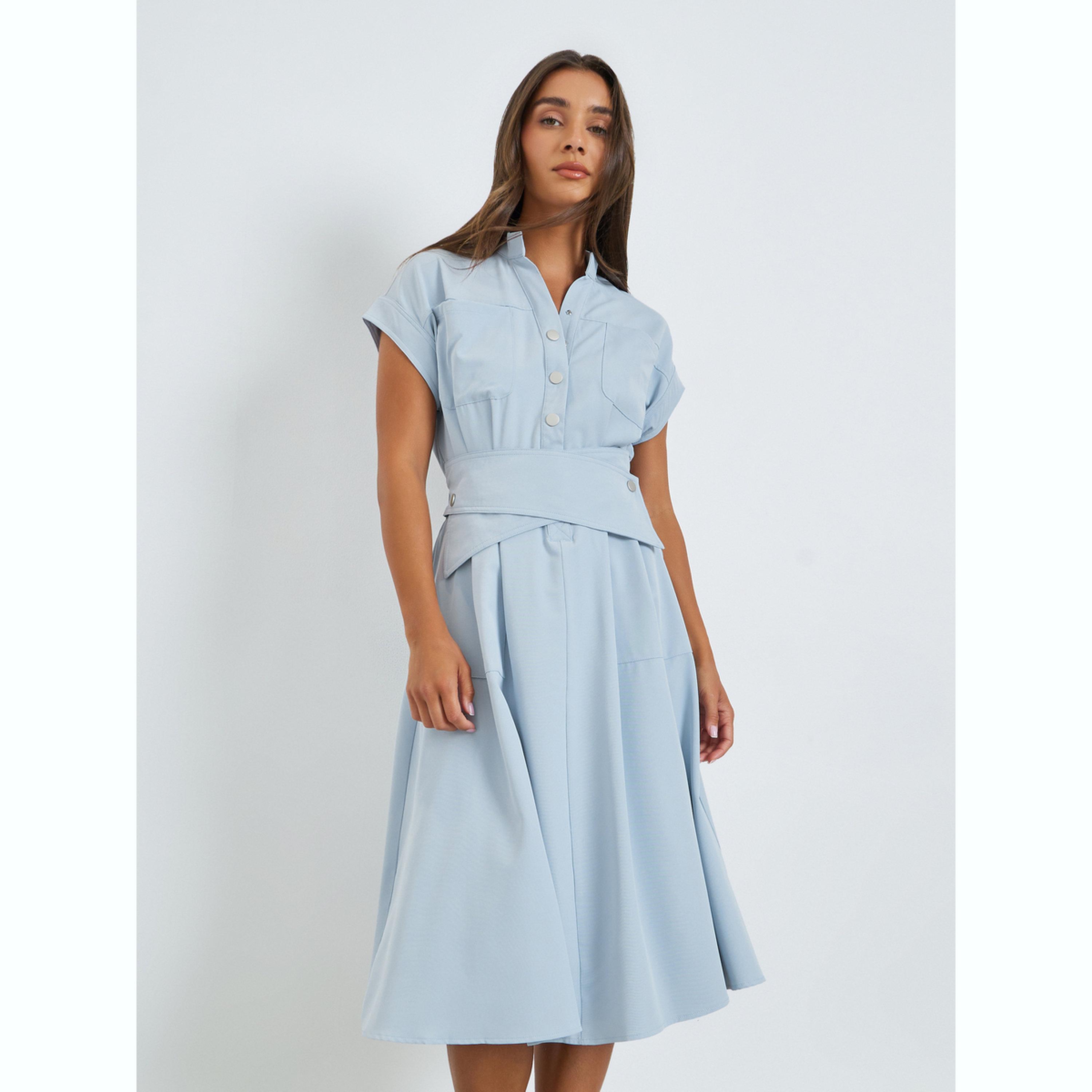 فستان ميدي أزرق بأكمام قصيرة وتفاصيل لافة-women-clothing-dresses-image-1