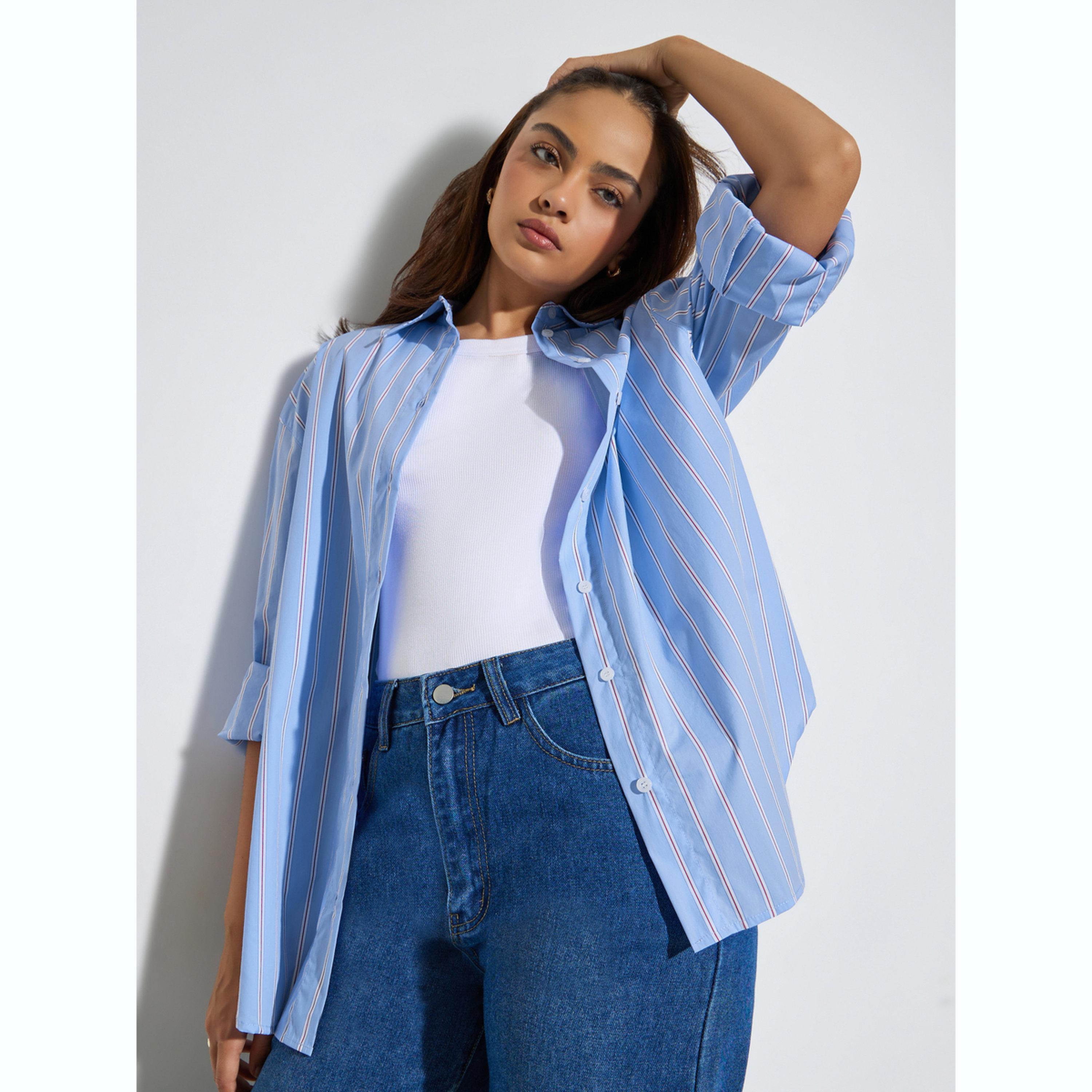 Styli Blue Striped Oversized Casual Shirt-women-clothing-shirtsandblouses-shirts-image-3