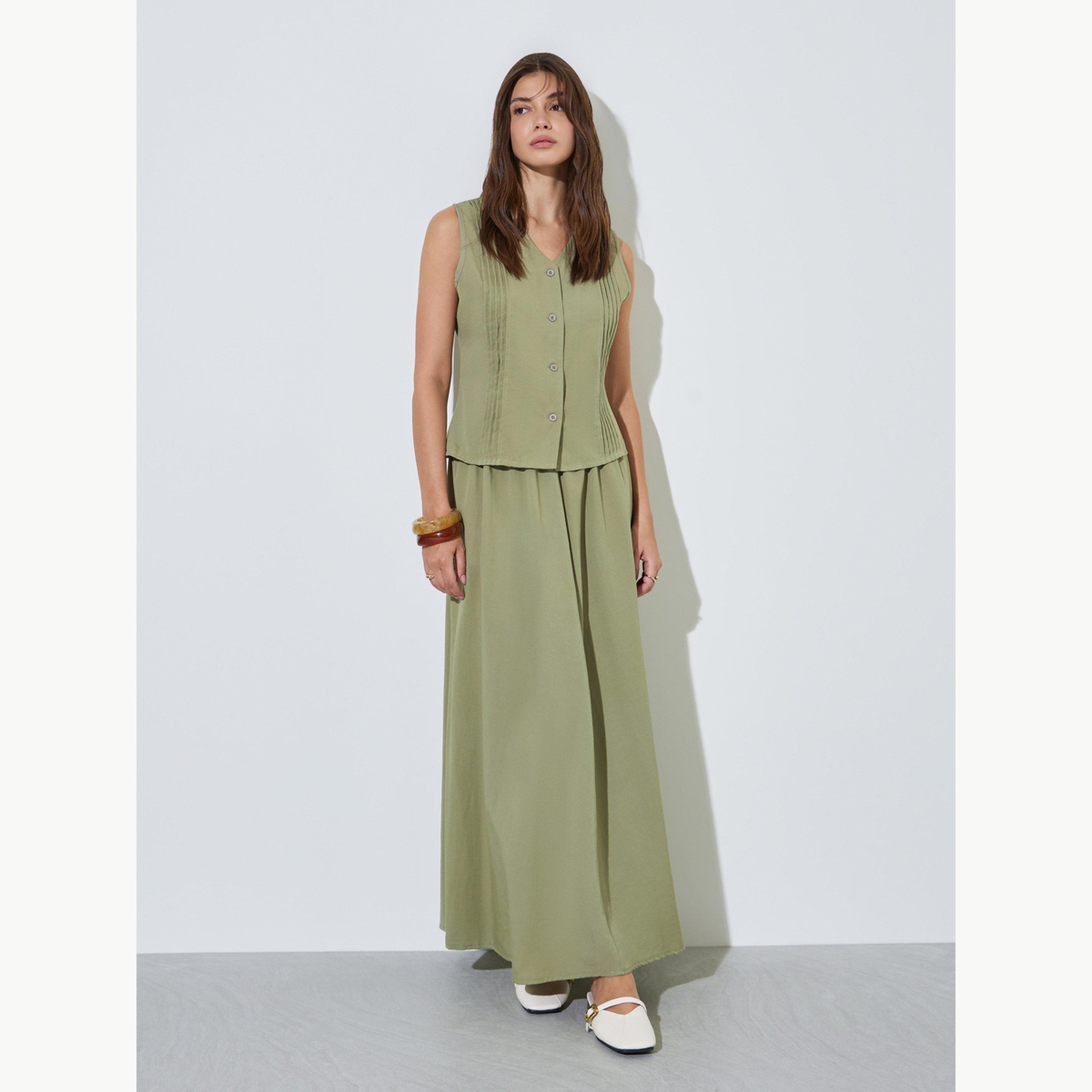 Styli Green Pintuck Detail Top and A-Line Maxi Skirt Set-women-clothing-coordsets-image-1