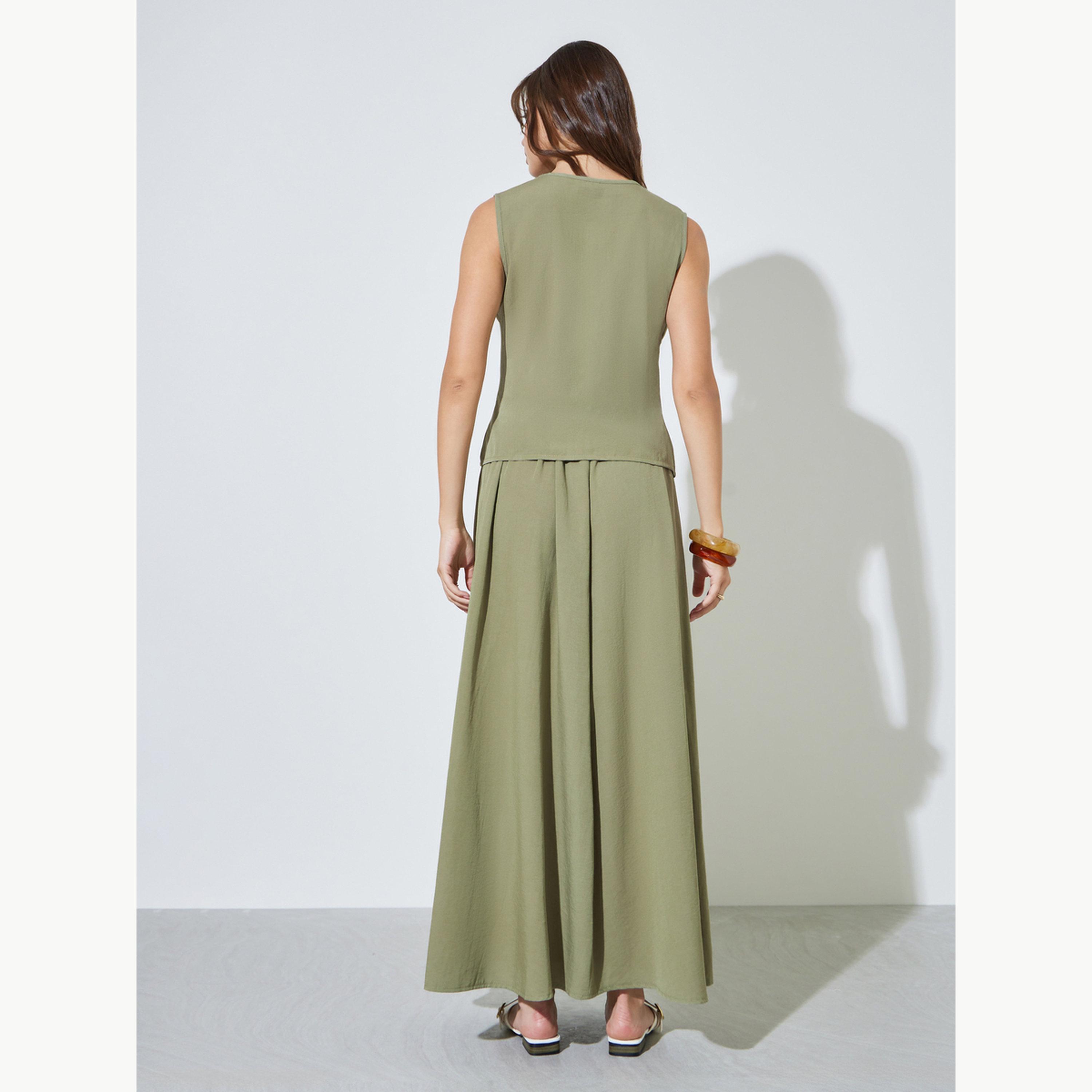 Styli Green Pintuck Detail Top and A-Line Maxi Skirt Set-women-clothing-coordsets-image-3
