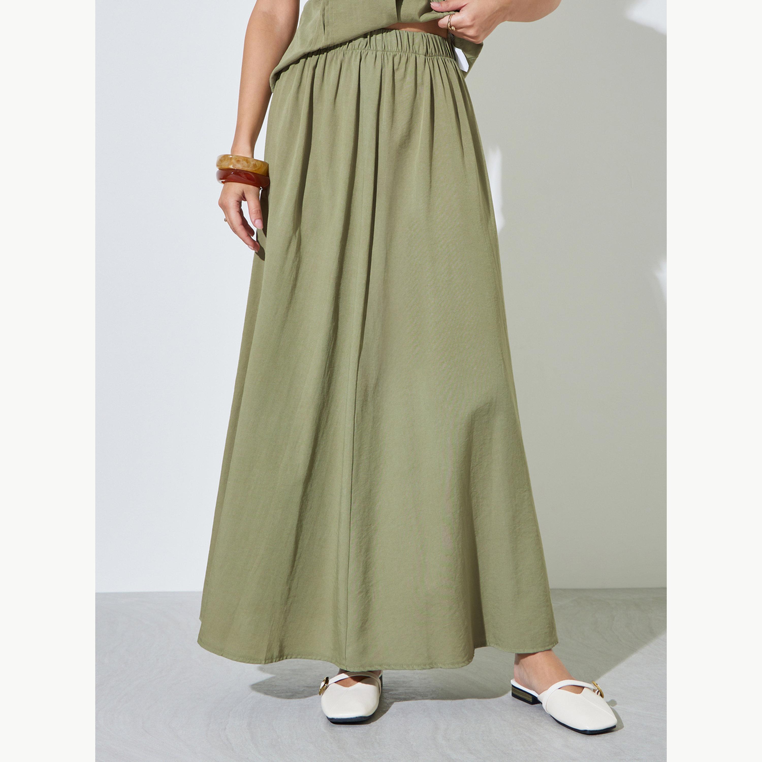 Styli Green Pintuck Detail Top and A-Line Maxi Skirt Set-women-clothing-coordsets-image-4