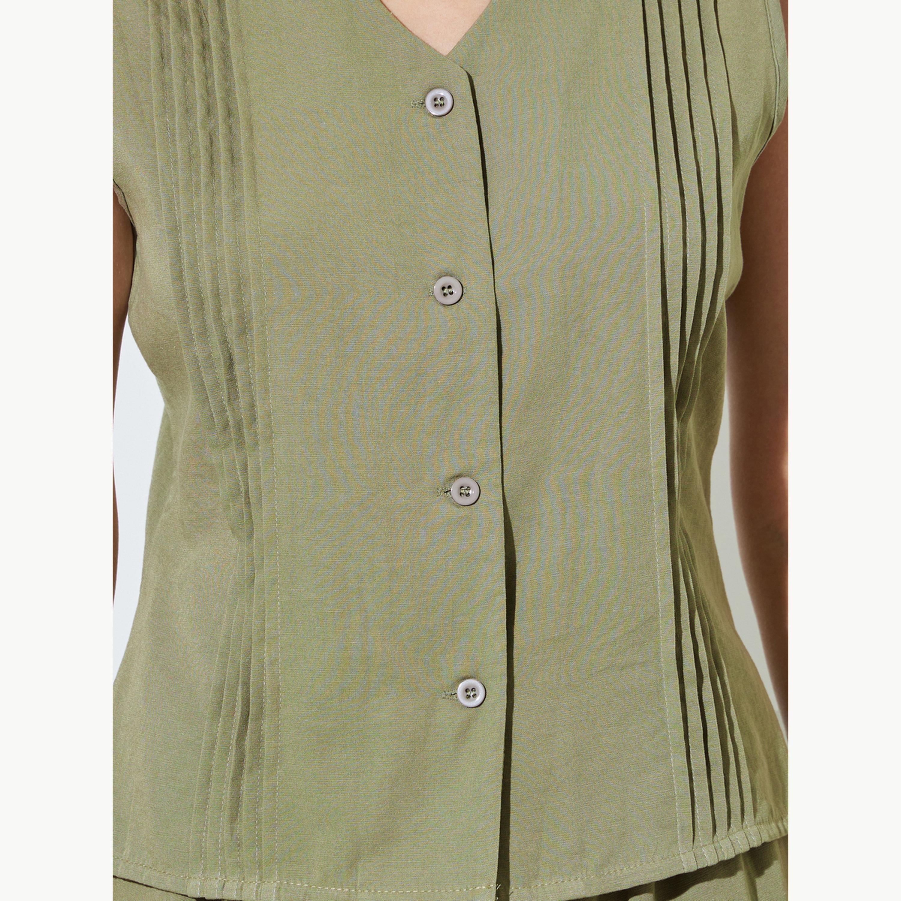 Styli Green Pintuck Detail Top and A-Line Maxi Skirt Set-women-clothing-coordsets-image-5