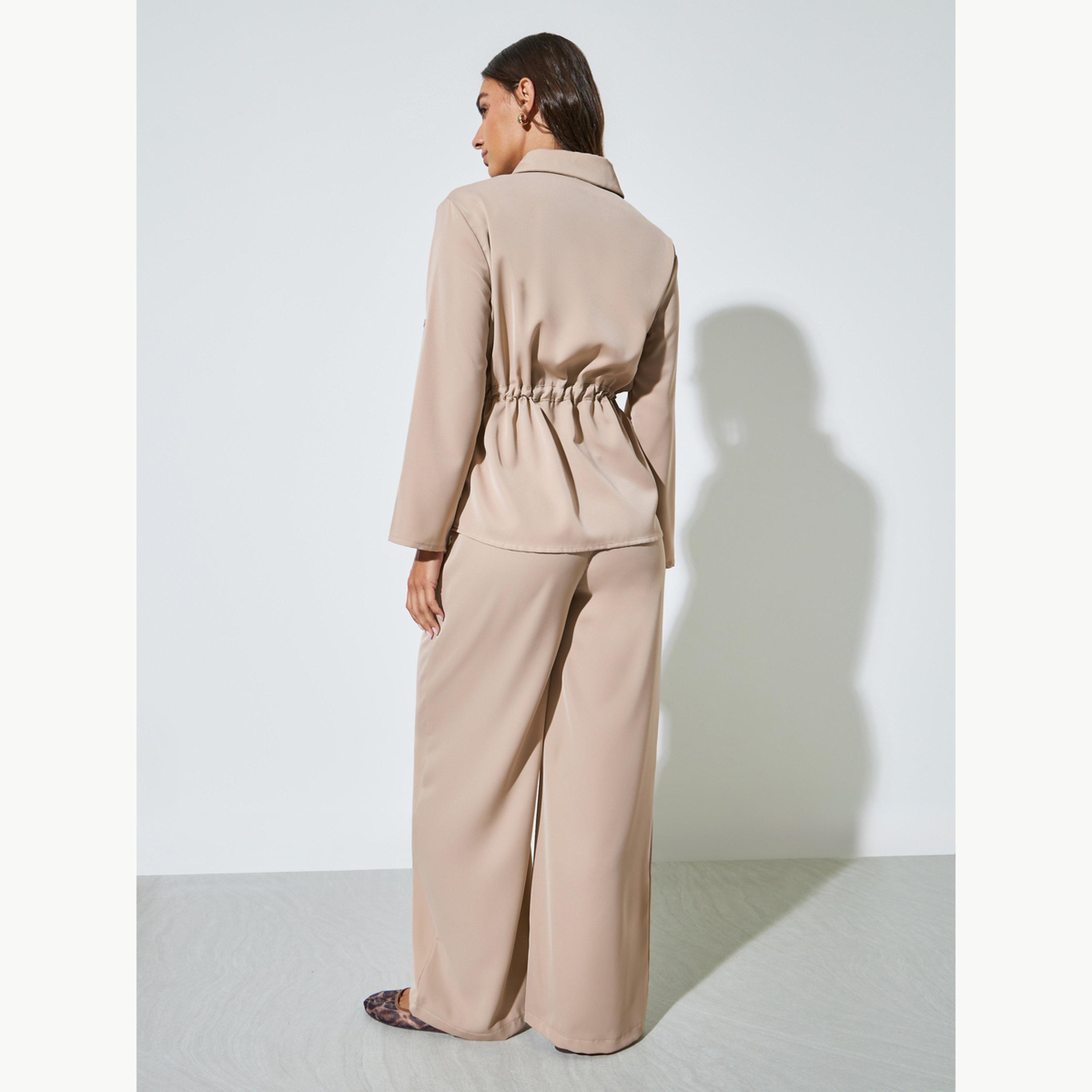 مجموعة من بنطال بأرجل واسعة وبلوزة بخصر برباط-women-clothing-coordsets-image-3