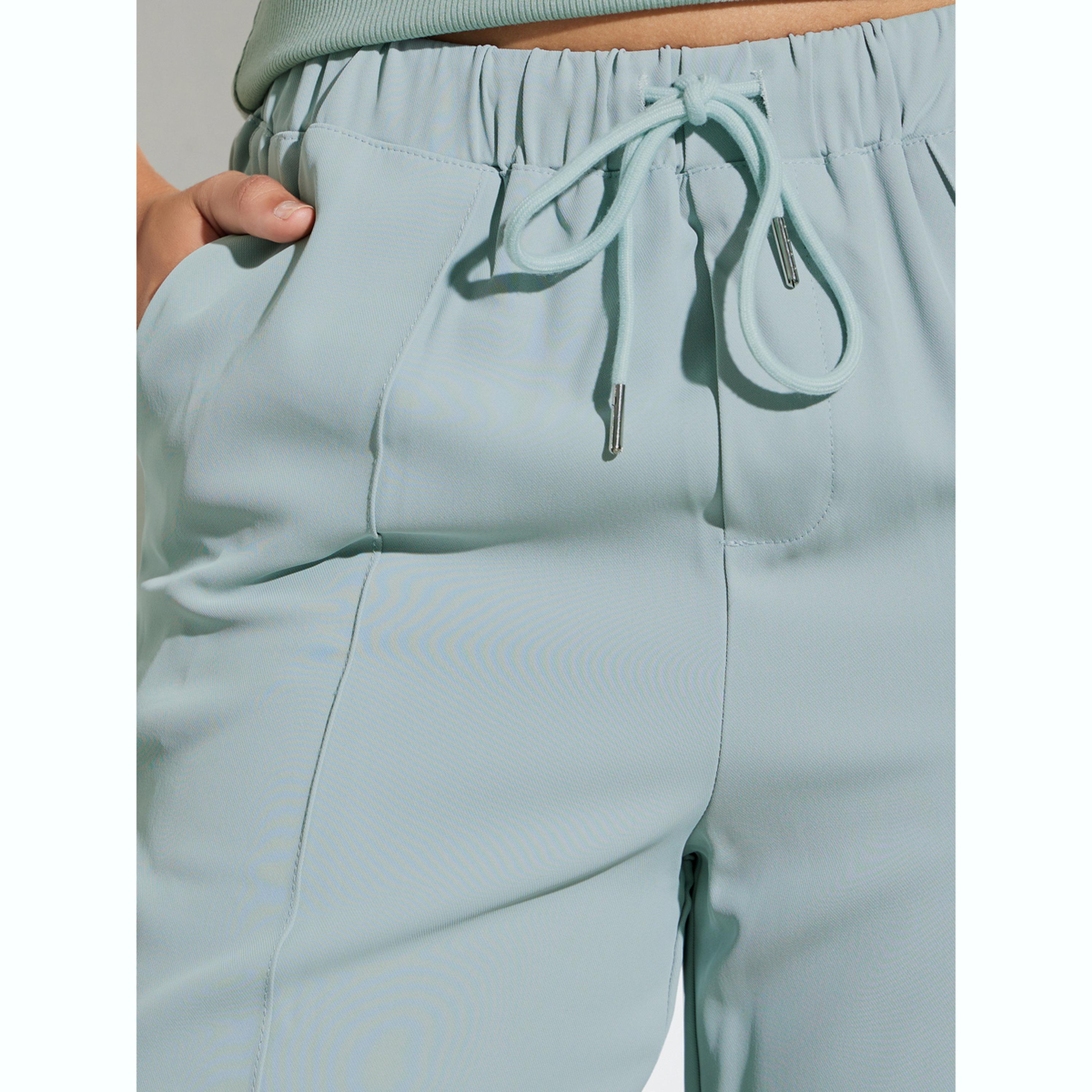 Styli Blue Solid Elastic Waist Wide Leg Pants-women-clothing-bottoms-joggers-image-4