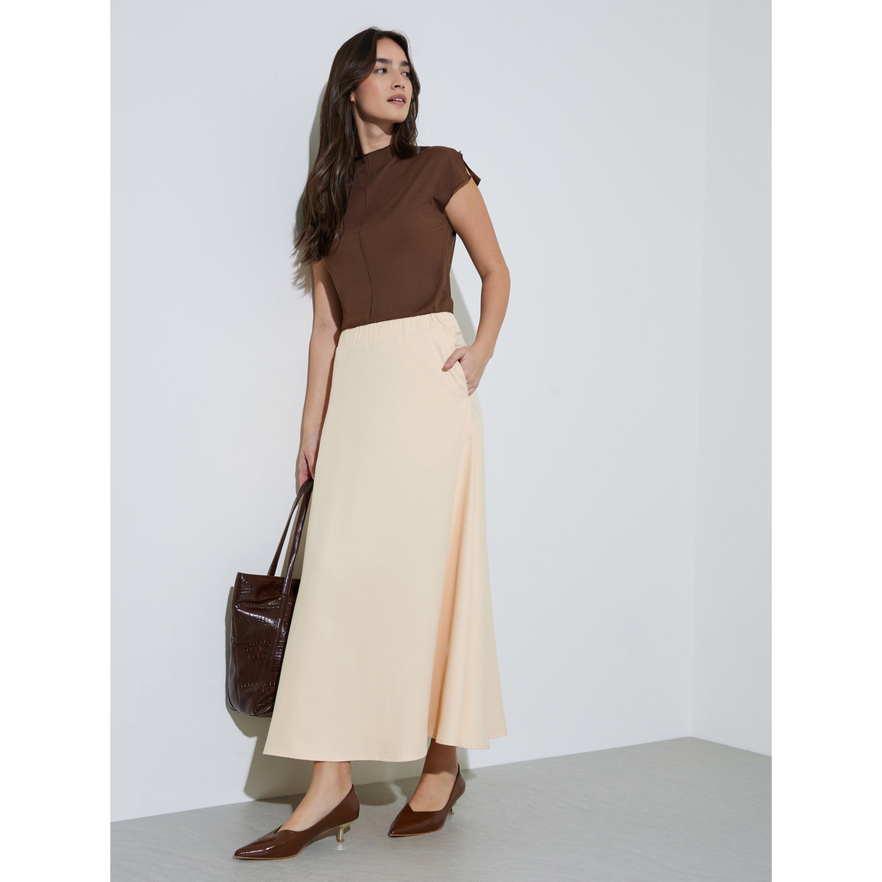 Styli Cream Solid Pocket Detail A-Line Maxi Skirt-women-clothing-skirts-image-2