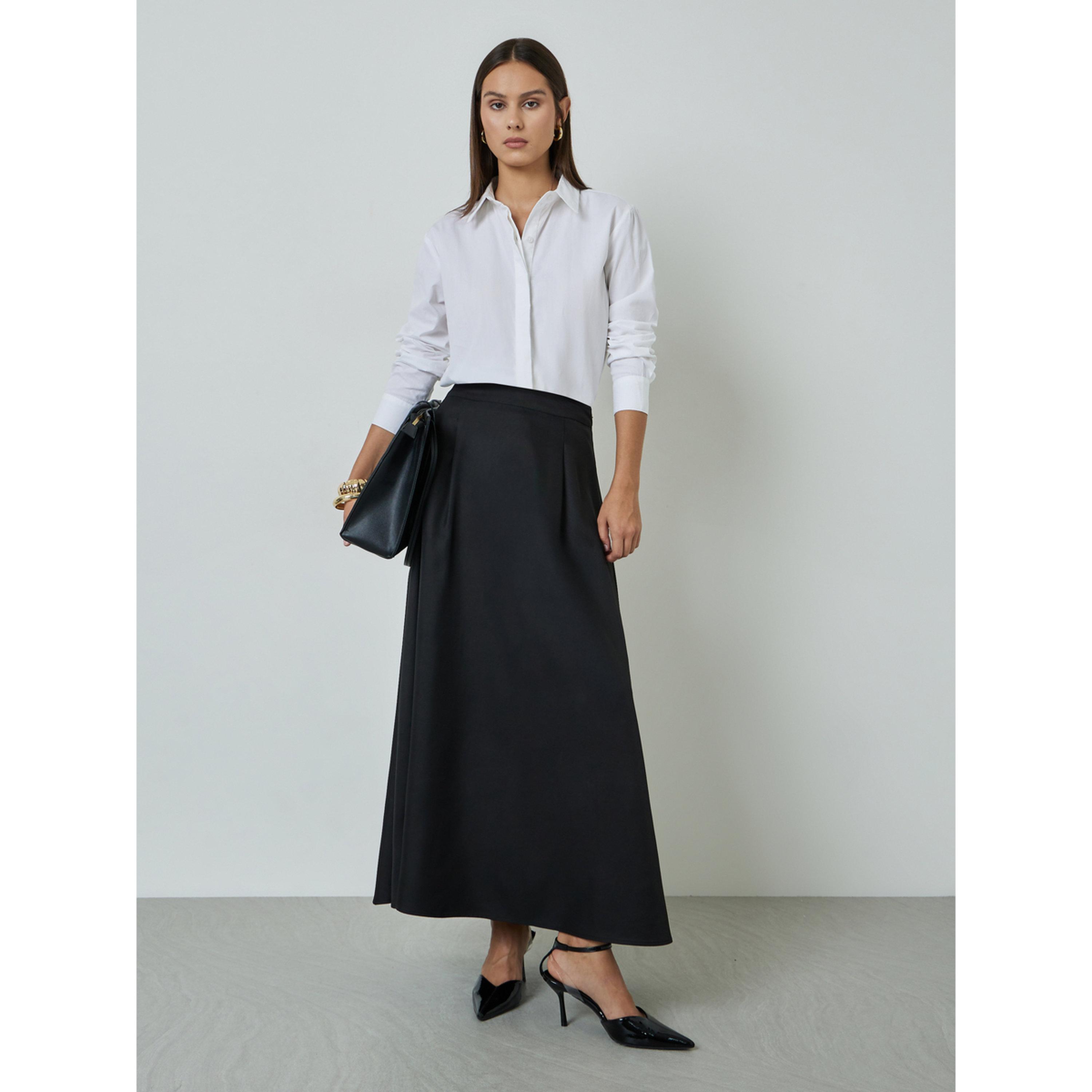 Styli Black Solid Pleated A-Line Maxi Skirt with Pocket Details-women-clothing-skirts-image-2