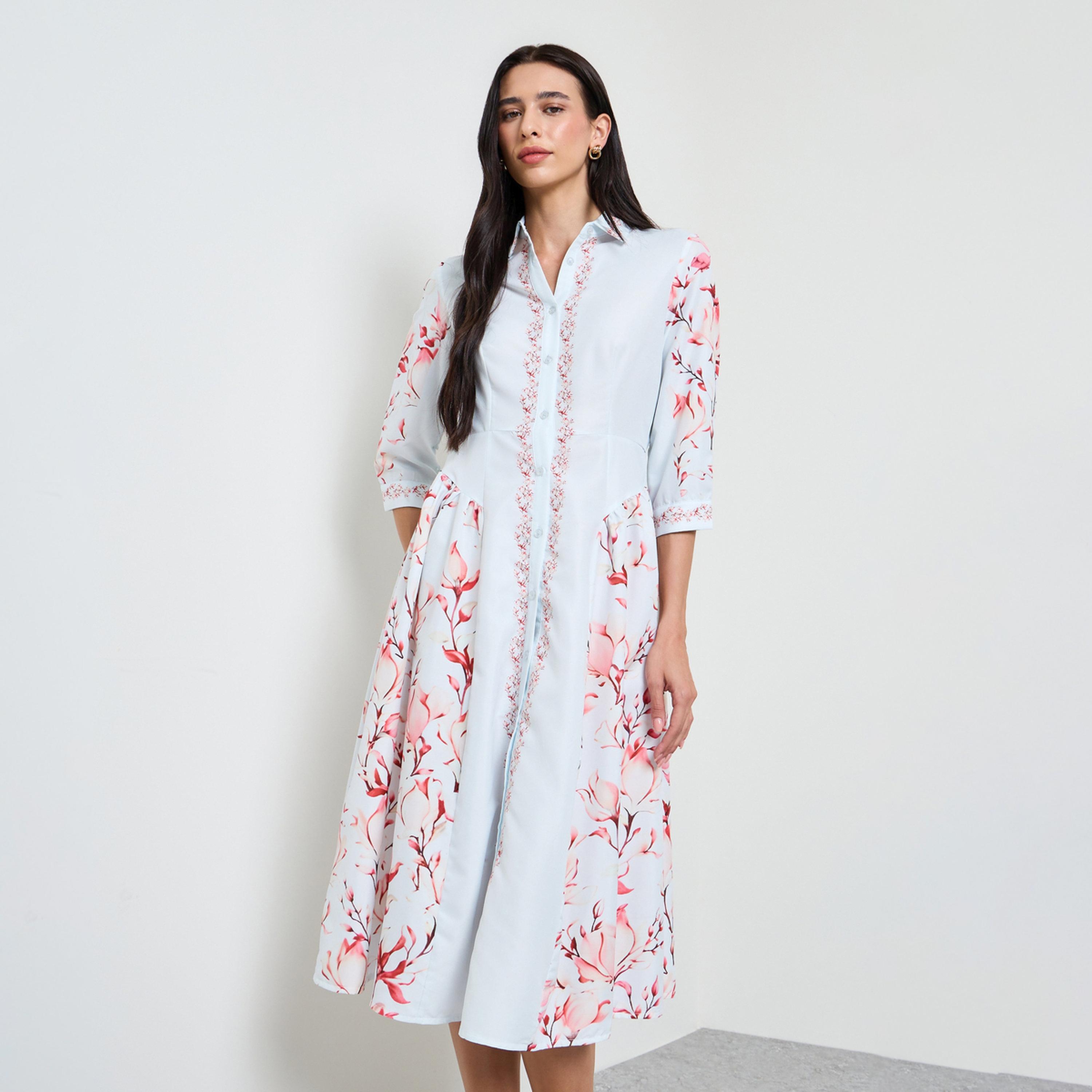 فستان ميدي بنمط قميص وطبعة زهور-women-clothing-dresses-image-1