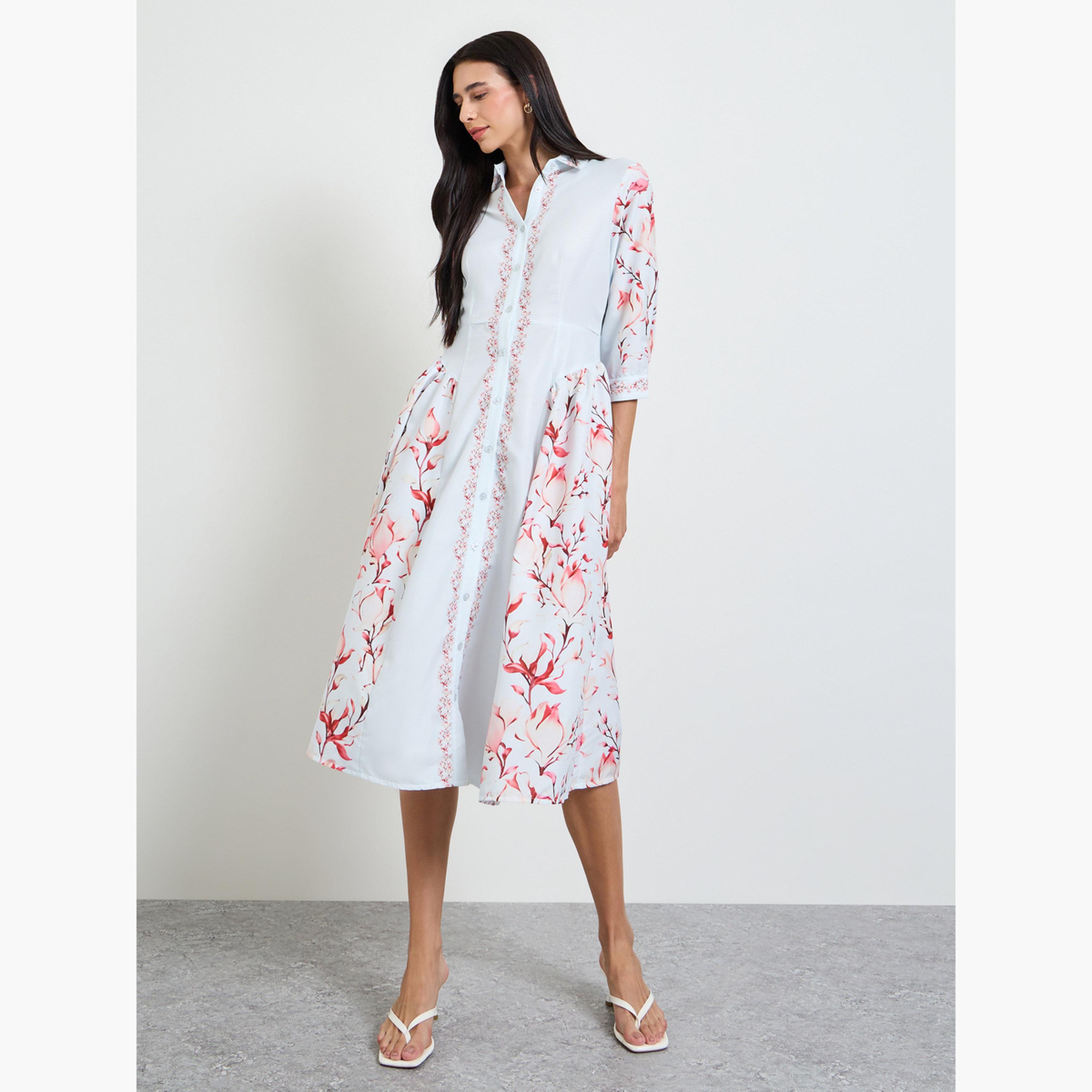 فستان ميدي بنمط قميص وطبعة زهور-women-clothing-dresses-image-2