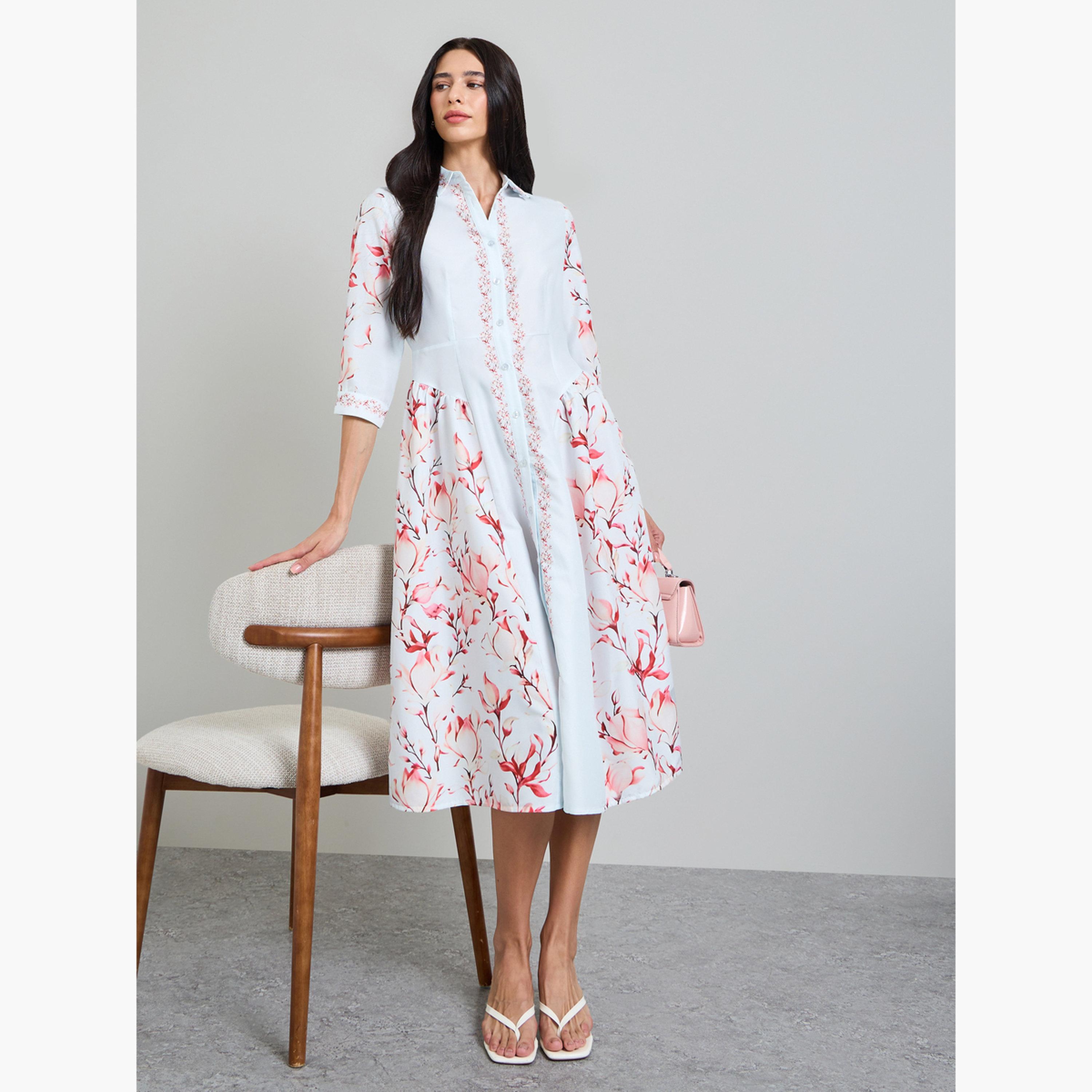 فستان ميدي بنمط قميص وطبعة زهور-women-clothing-dresses-image-3