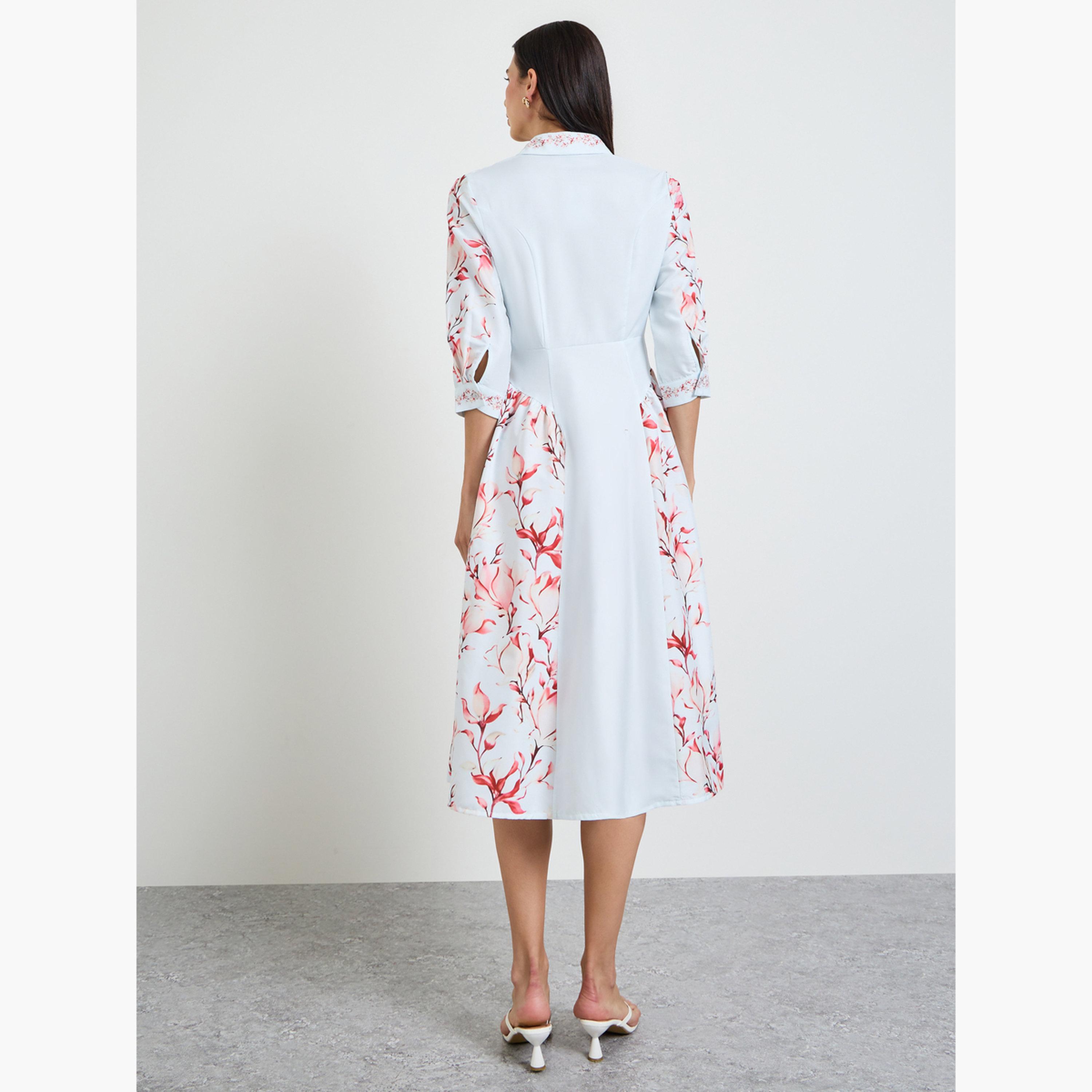 فستان ميدي بنمط قميص وطبعة زهور-women-clothing-dresses-image-4
