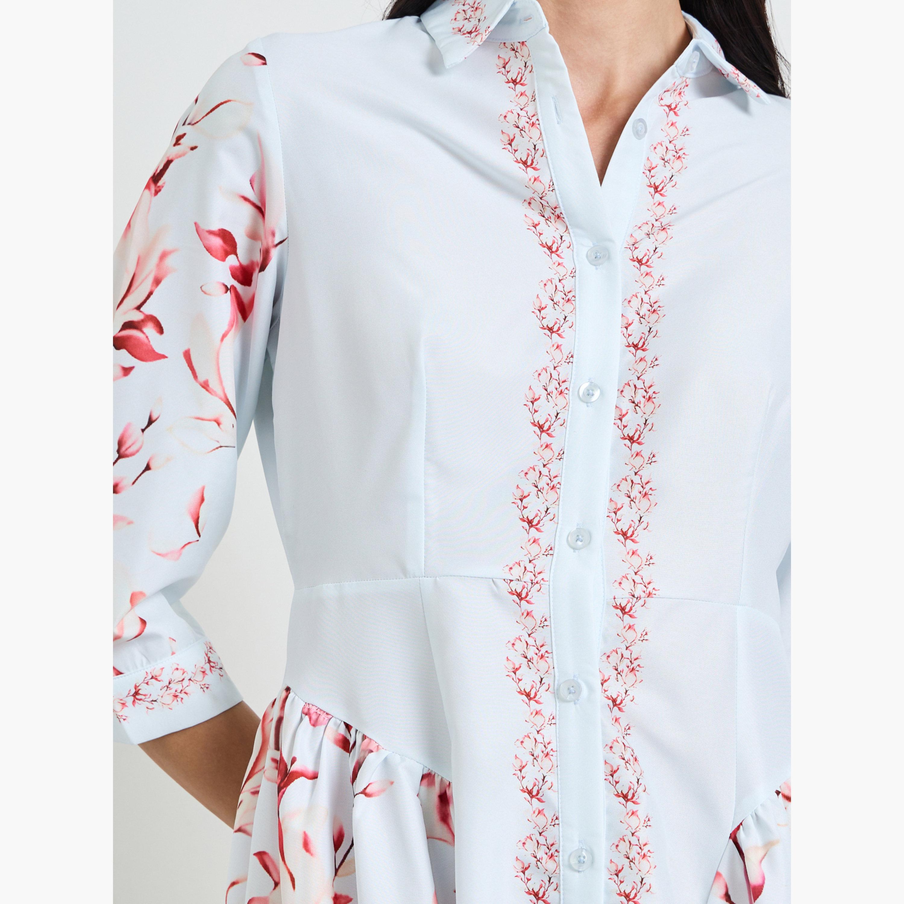 فستان ميدي بنمط قميص وطبعة زهور-women-clothing-dresses-image-5