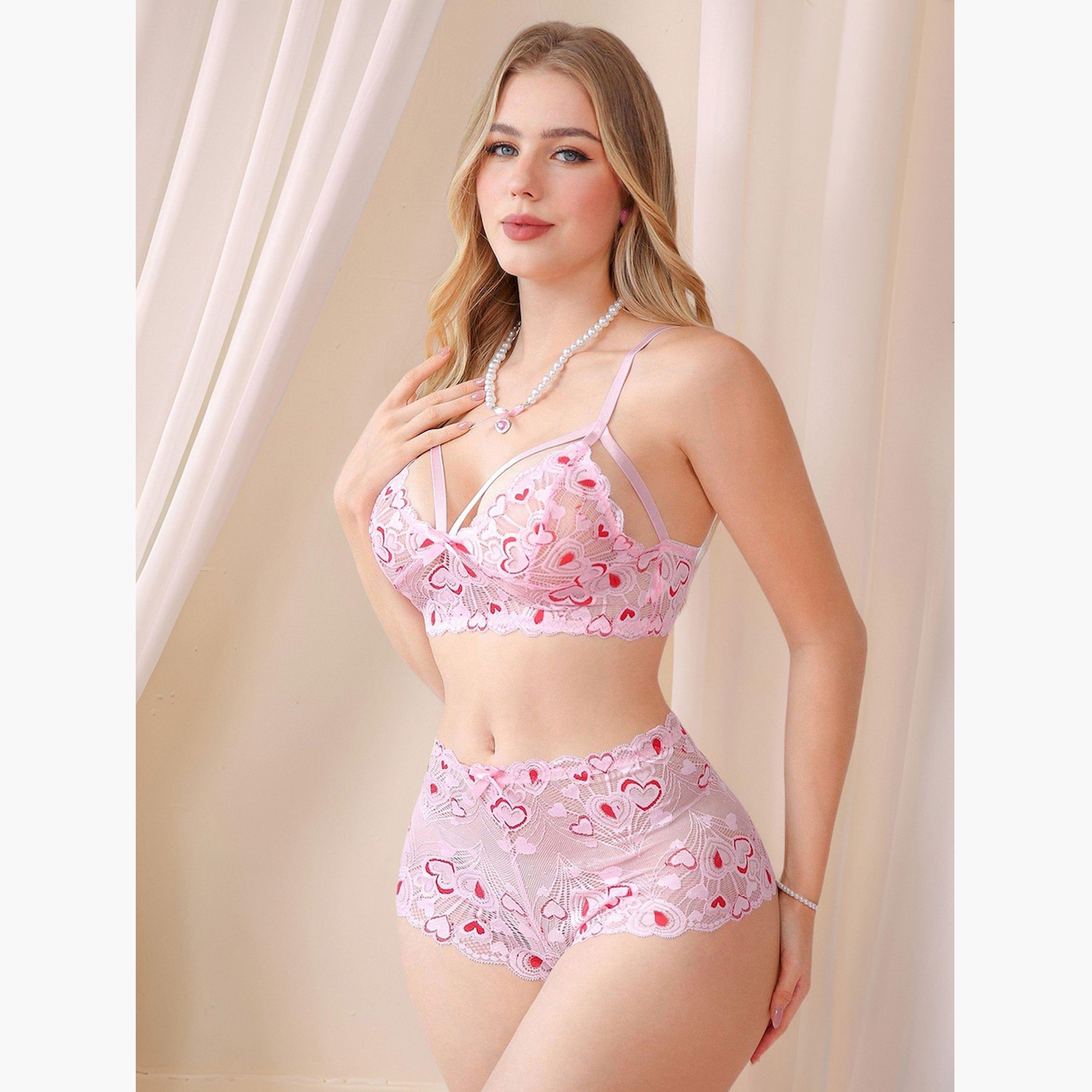 Take Two Pink Heart Lace Pattern Bra and Shorts Set-women-clothing-lingerie-lingeriesets-image-3