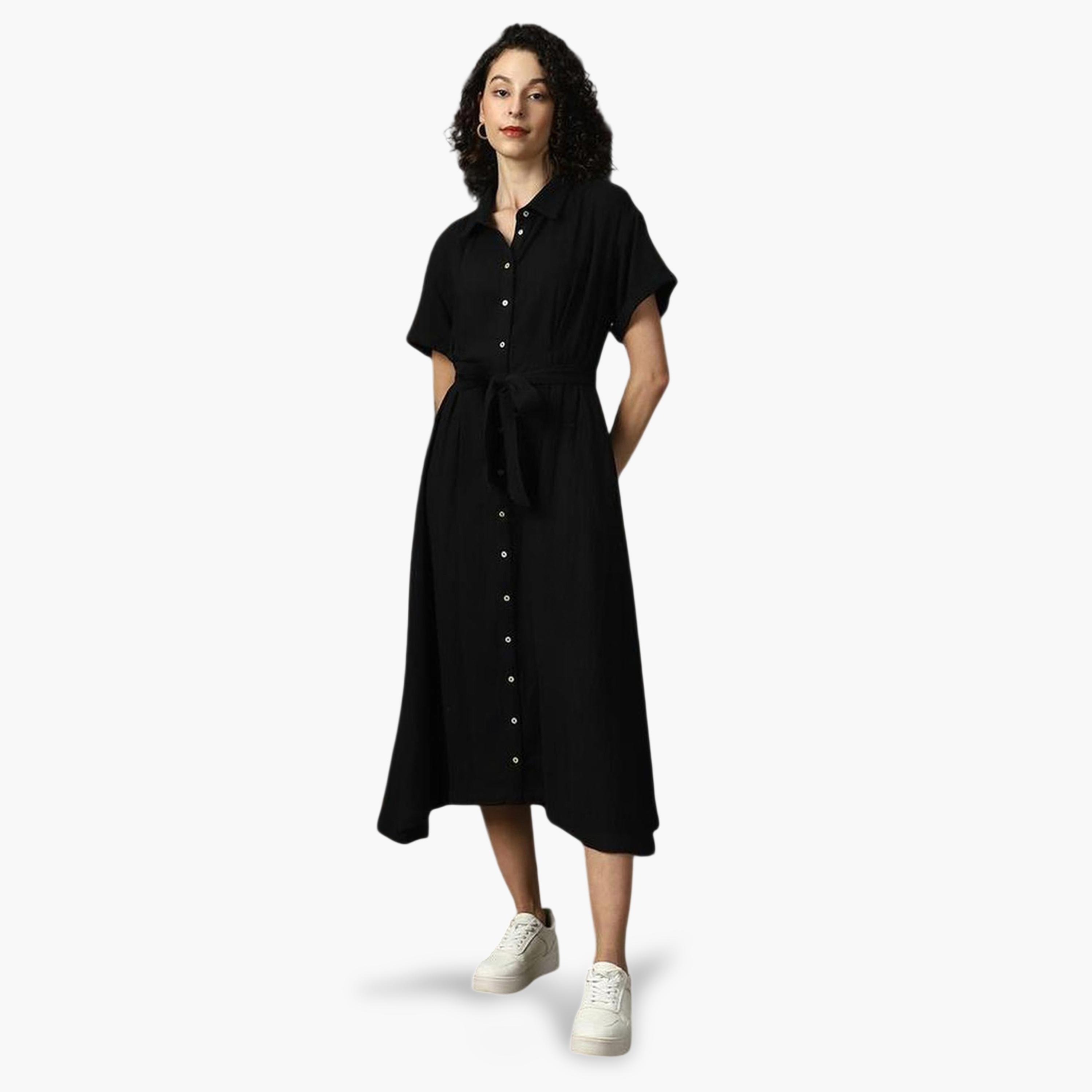 High Star X Styli Black 100% Cotton Solid Buttoned Midi Dress-women-clothing-dresses-image-1