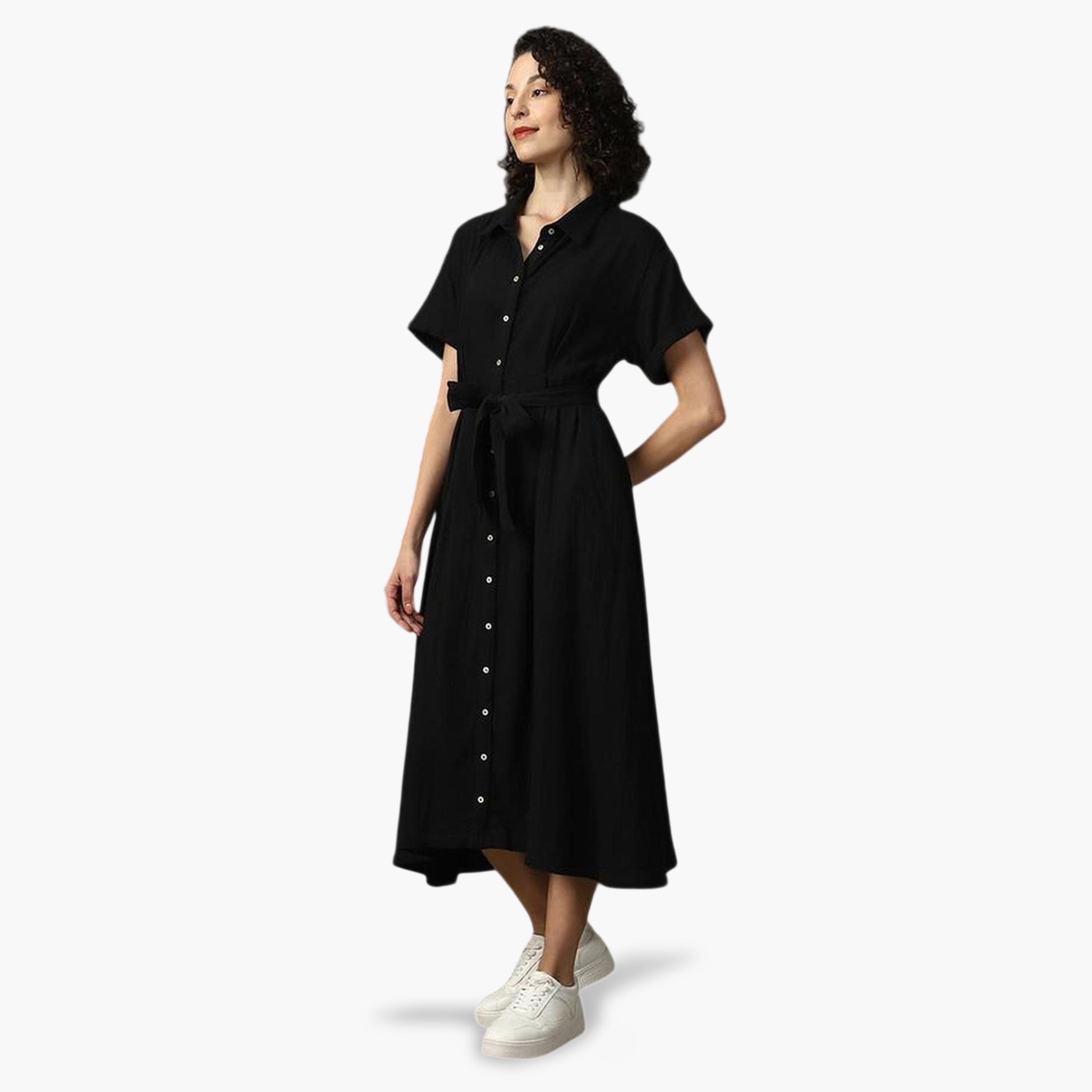 High Star X Styli Black 100% Cotton Solid Buttoned Midi Dress-women-clothing-dresses-image-2