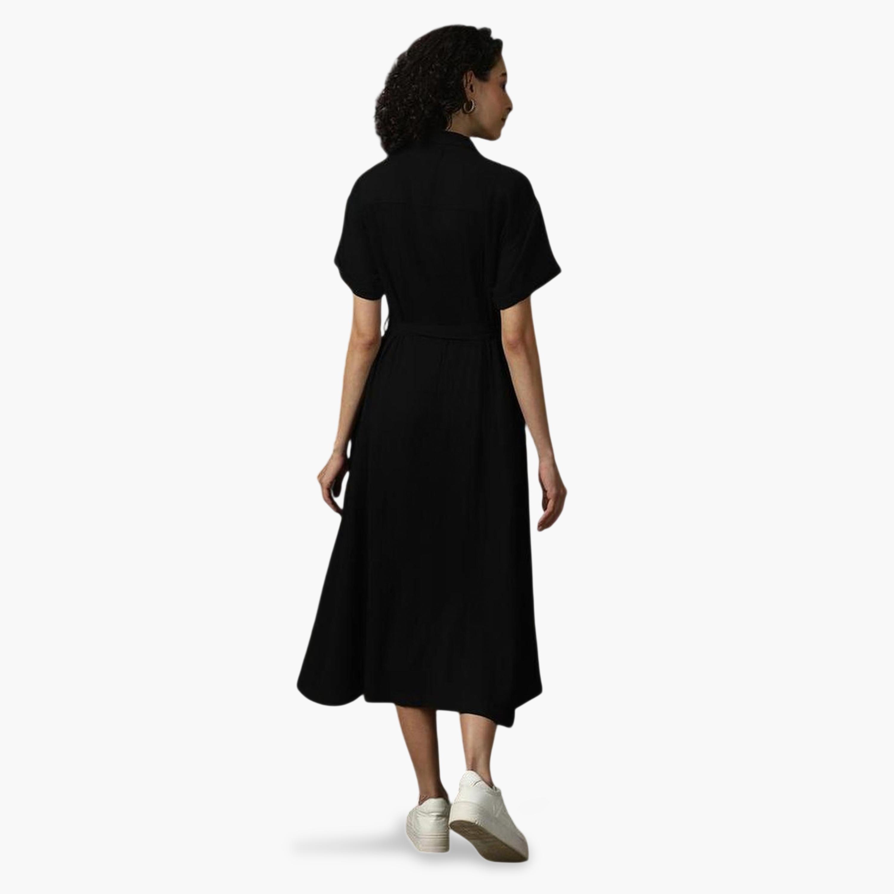 High Star X Styli Black 100% Cotton Solid Buttoned Midi Dress-women-clothing-dresses-image-3