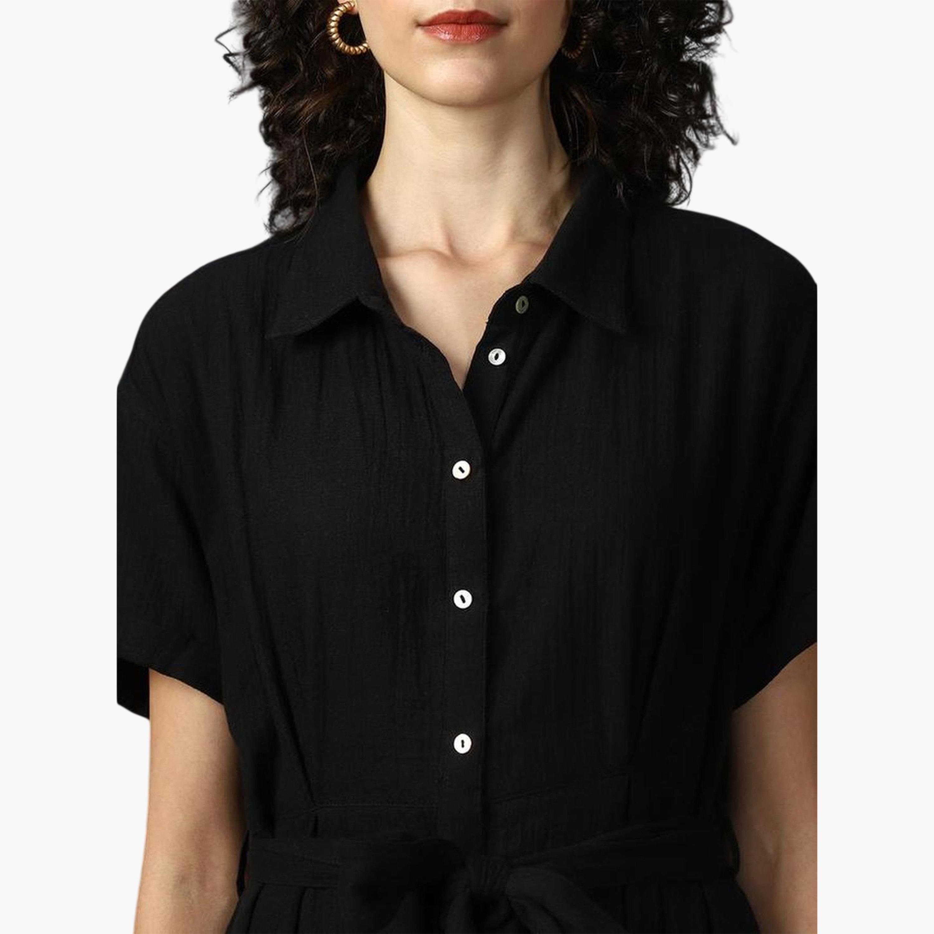 High Star X Styli Black 100% Cotton Solid Buttoned Midi Dress-women-clothing-dresses-image-4