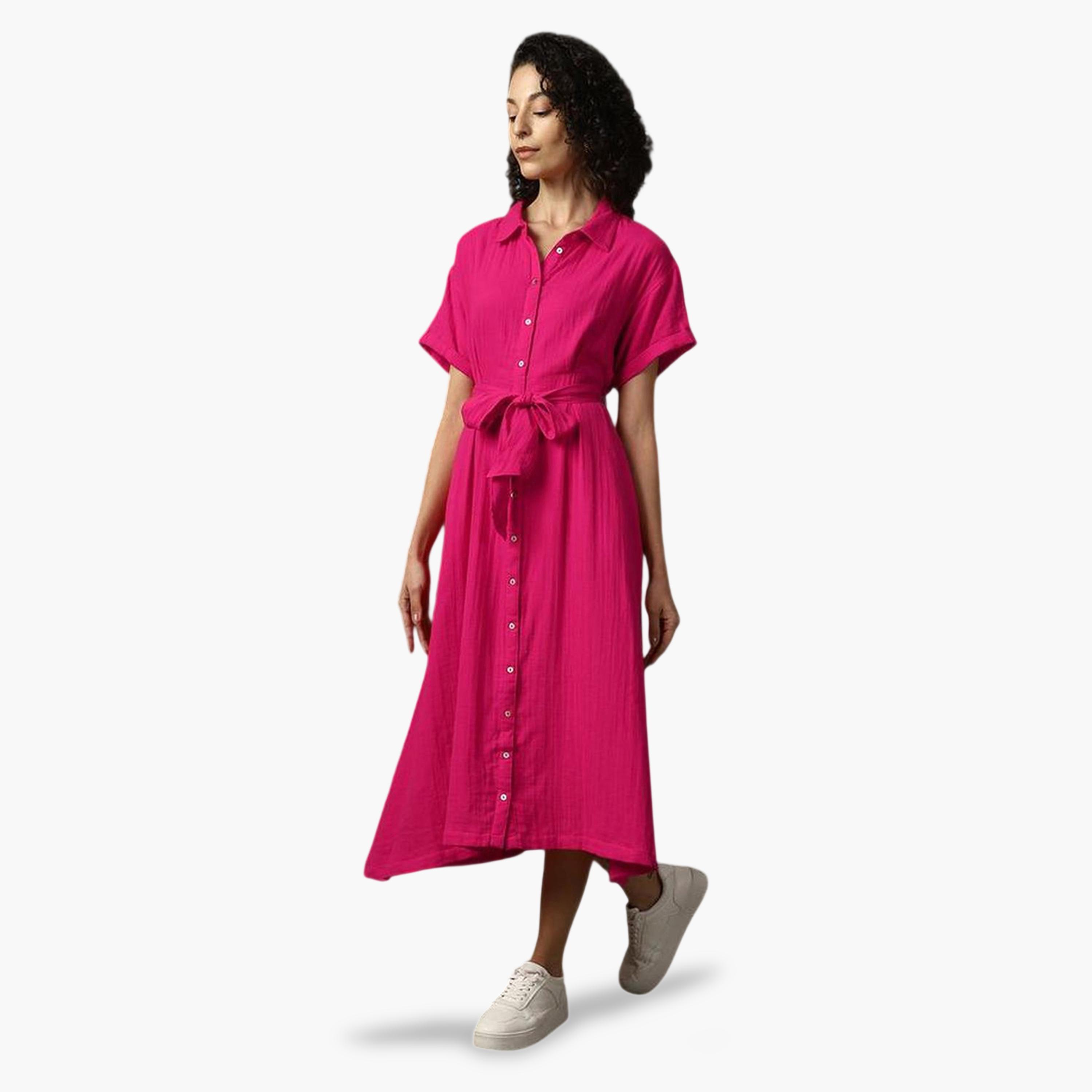 High Star X Styli Pink 100% Cotton Solid Buttoned Midi Dress-women-clothing-dresses-image-1