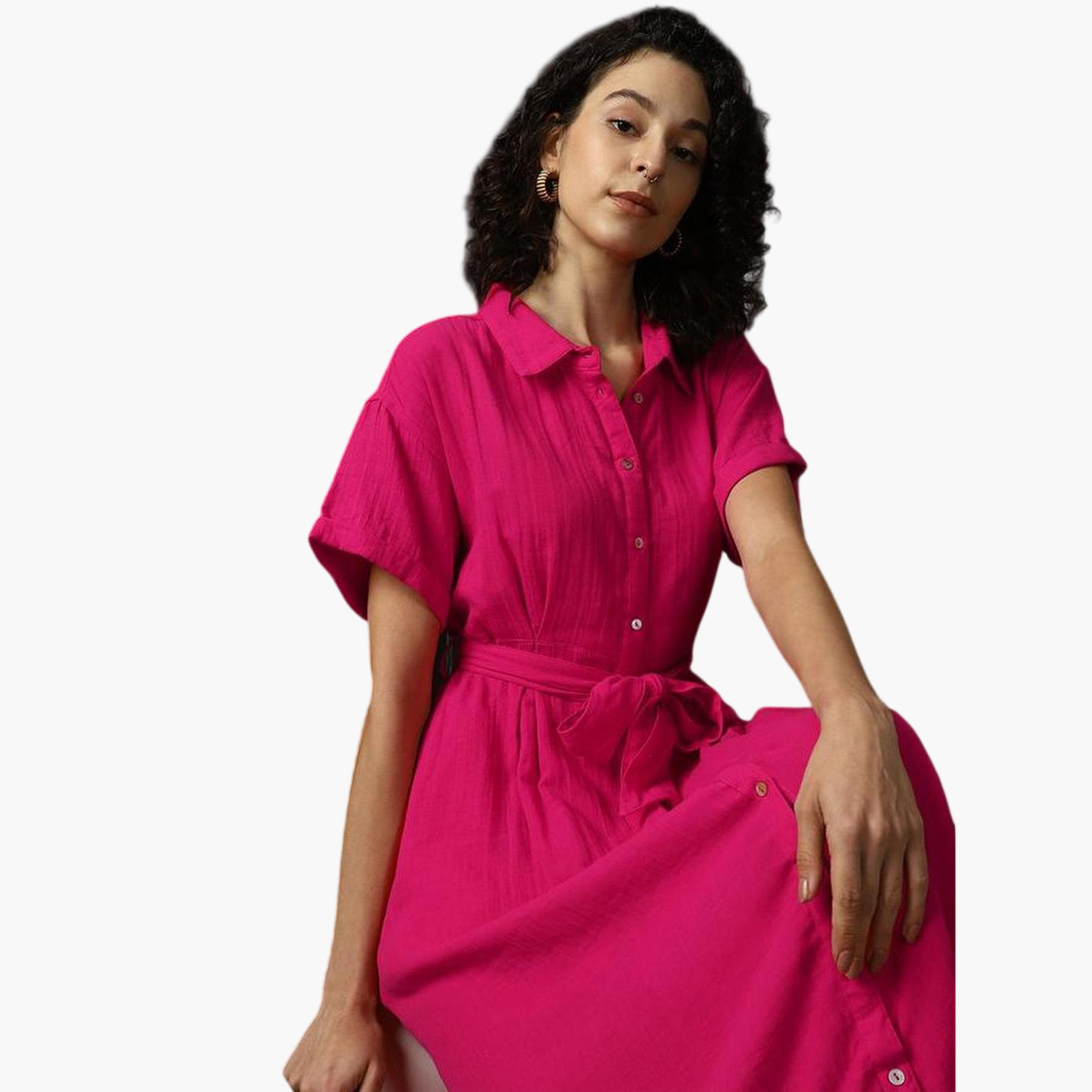 High Star X Styli Pink 100% Cotton Solid Buttoned Midi Dress-women-clothing-dresses-image-2