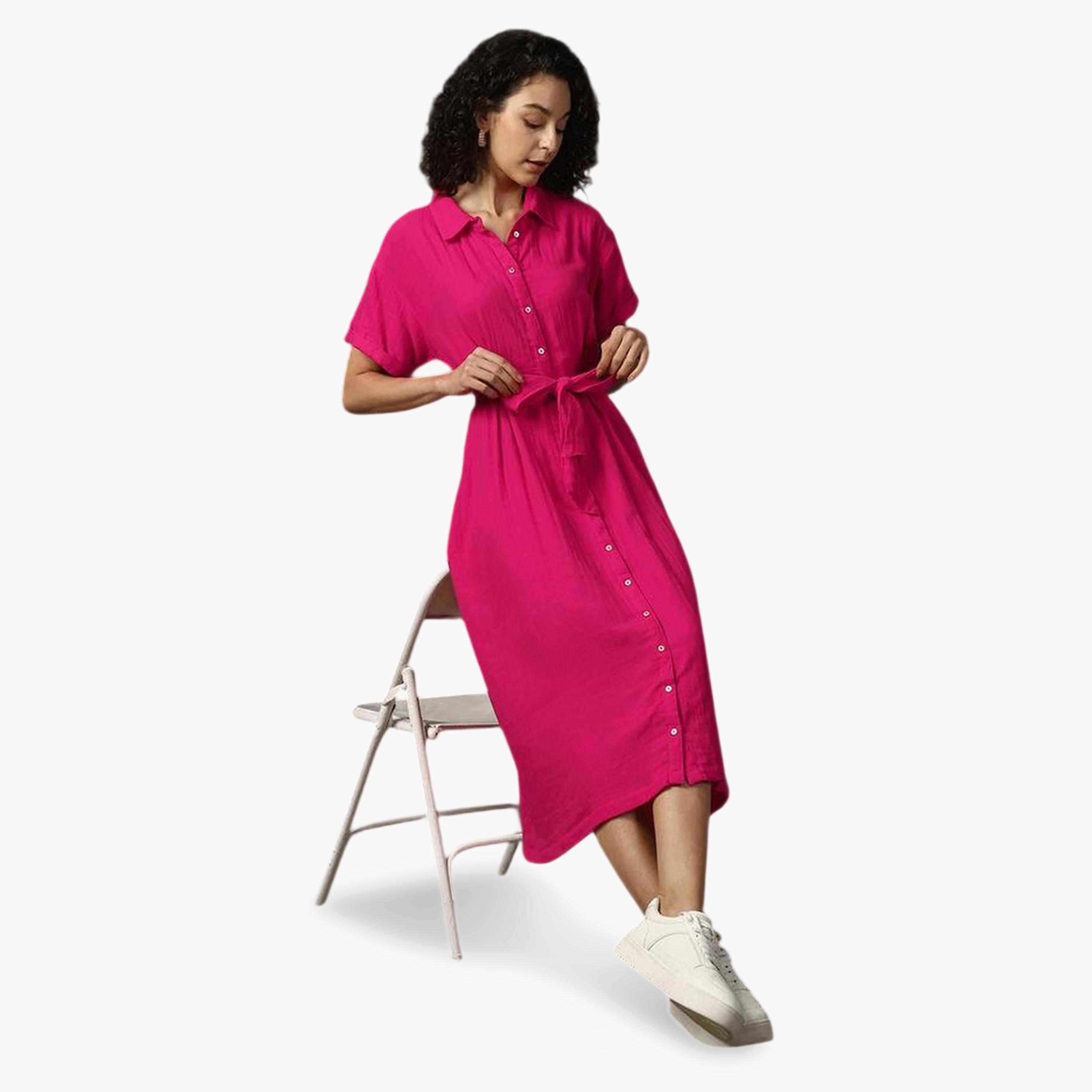 High Star X Styli Pink 100% Cotton Solid Buttoned Midi Dress-women-clothing-dresses-image-3